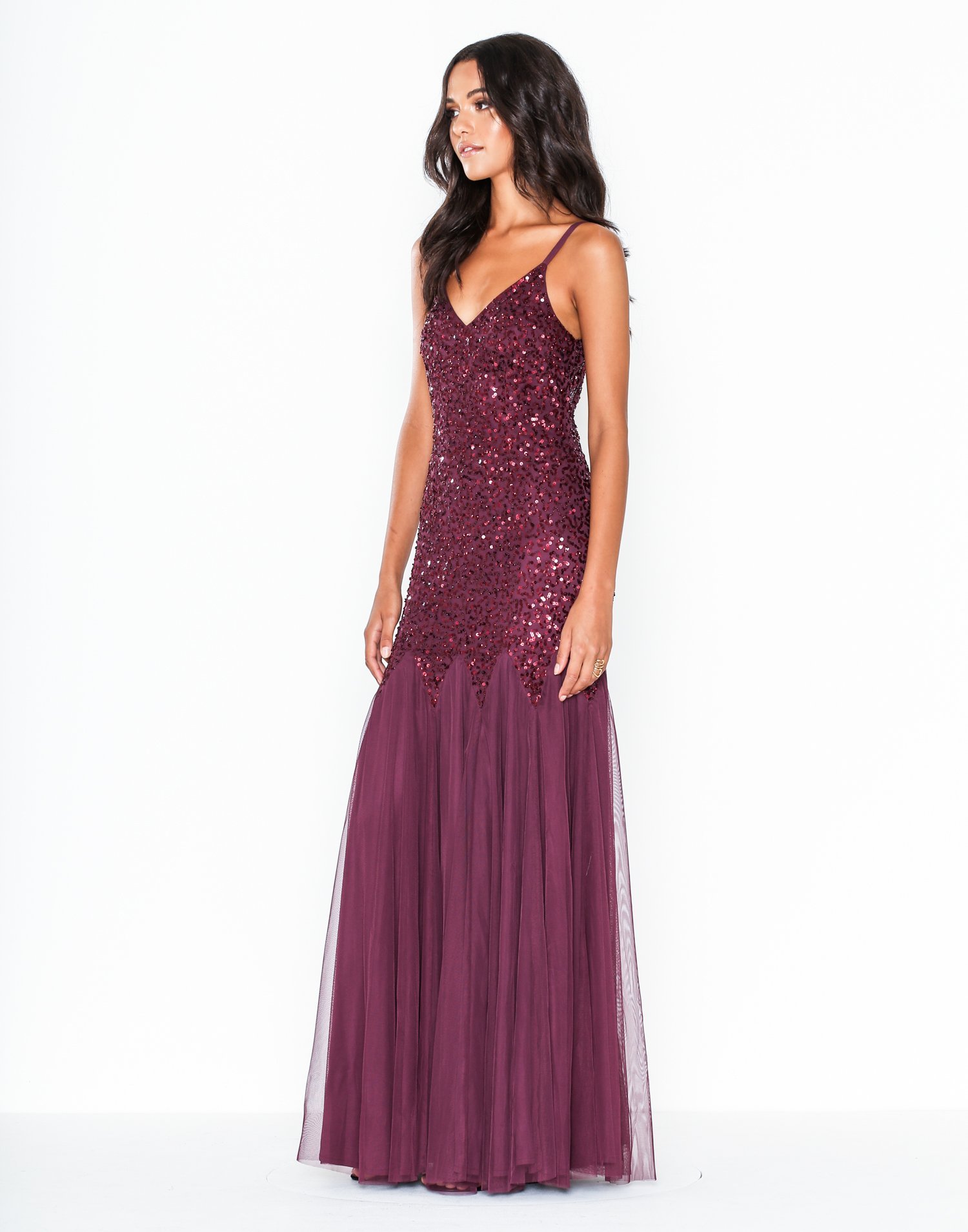 maya sequin cami godet fishtail maxi dress