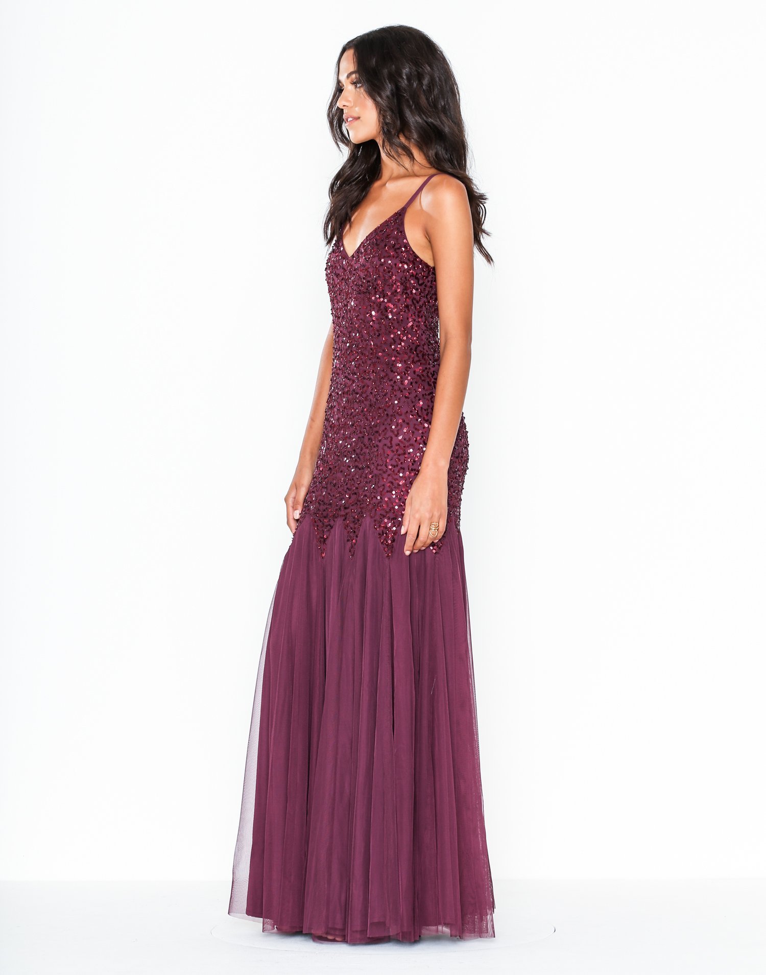 maya sequin cami godet fishtail maxi dress