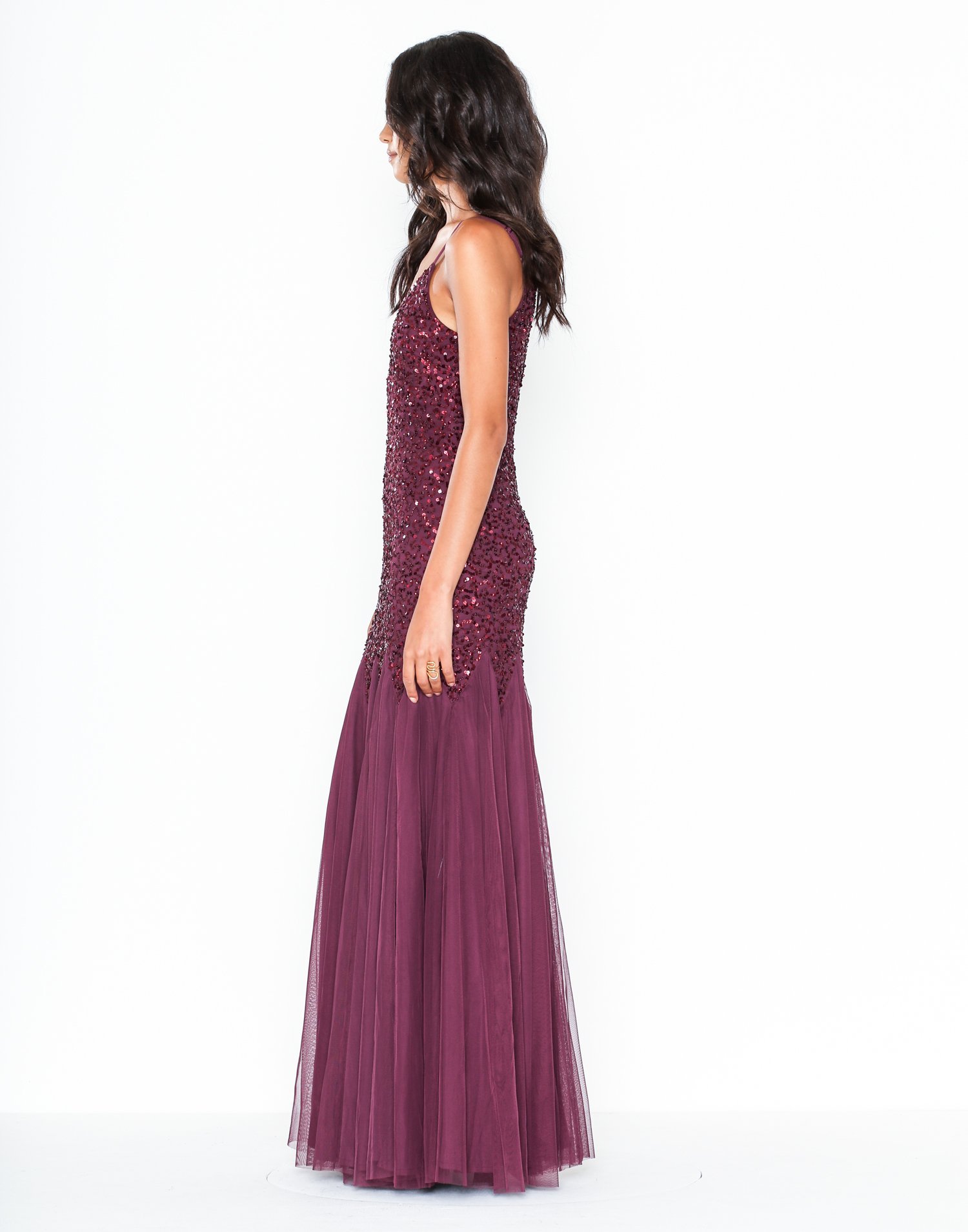 maya sequin cami godet fishtail maxi dress