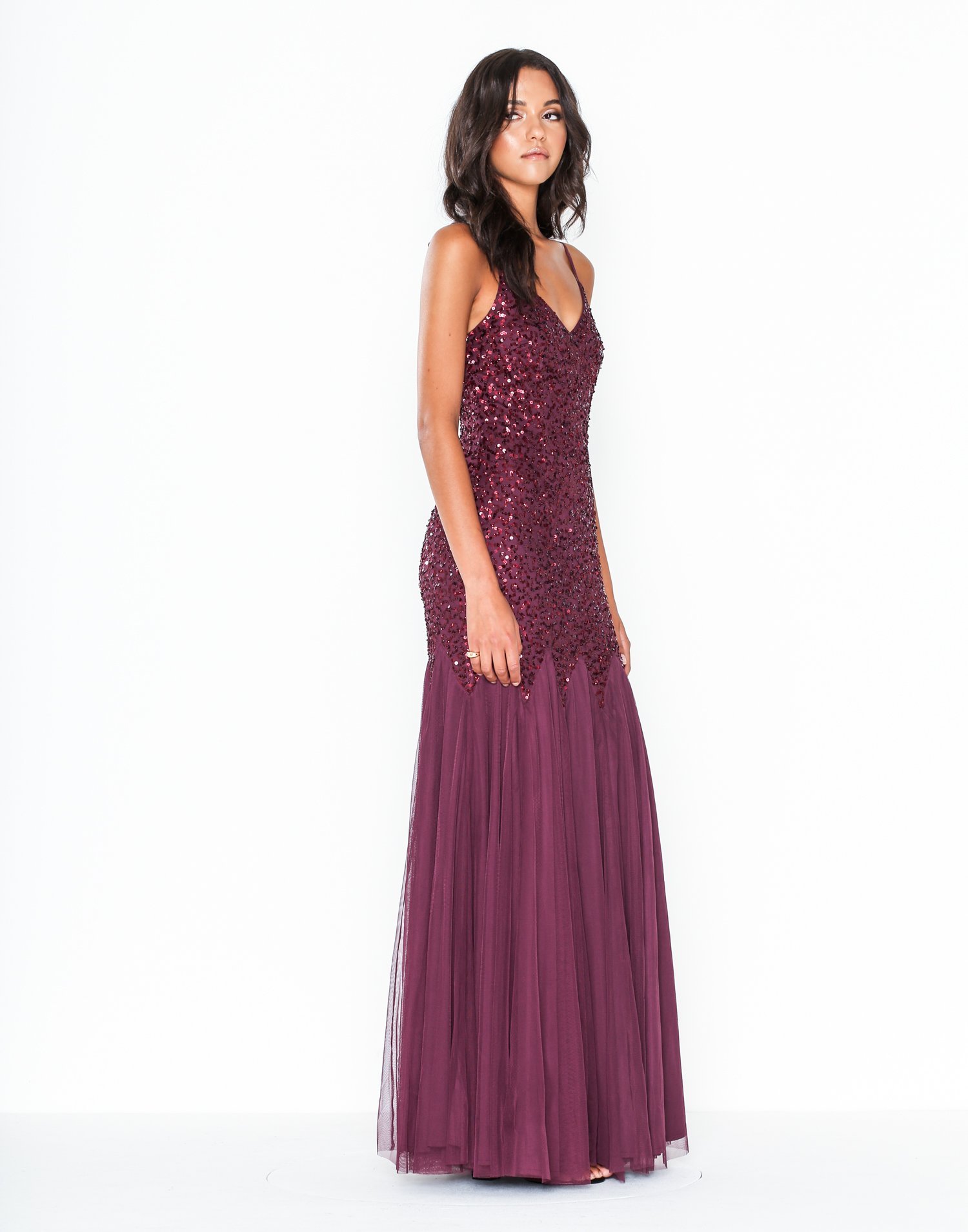 maya sequin cami godet fishtail maxi dress