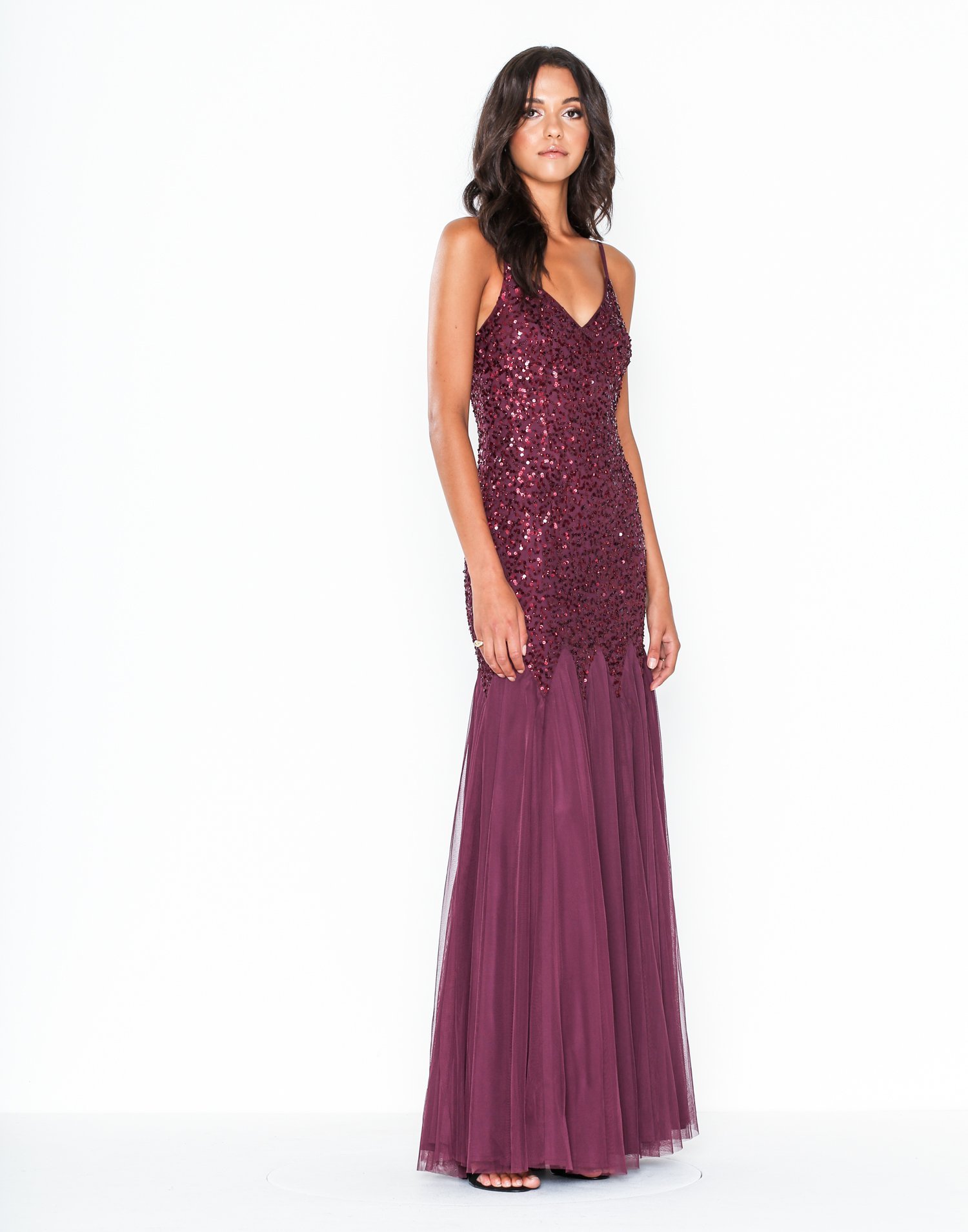 maya sequin cami godet fishtail maxi dress