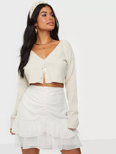 White Ruched Detail Long Sleeve Crop Top