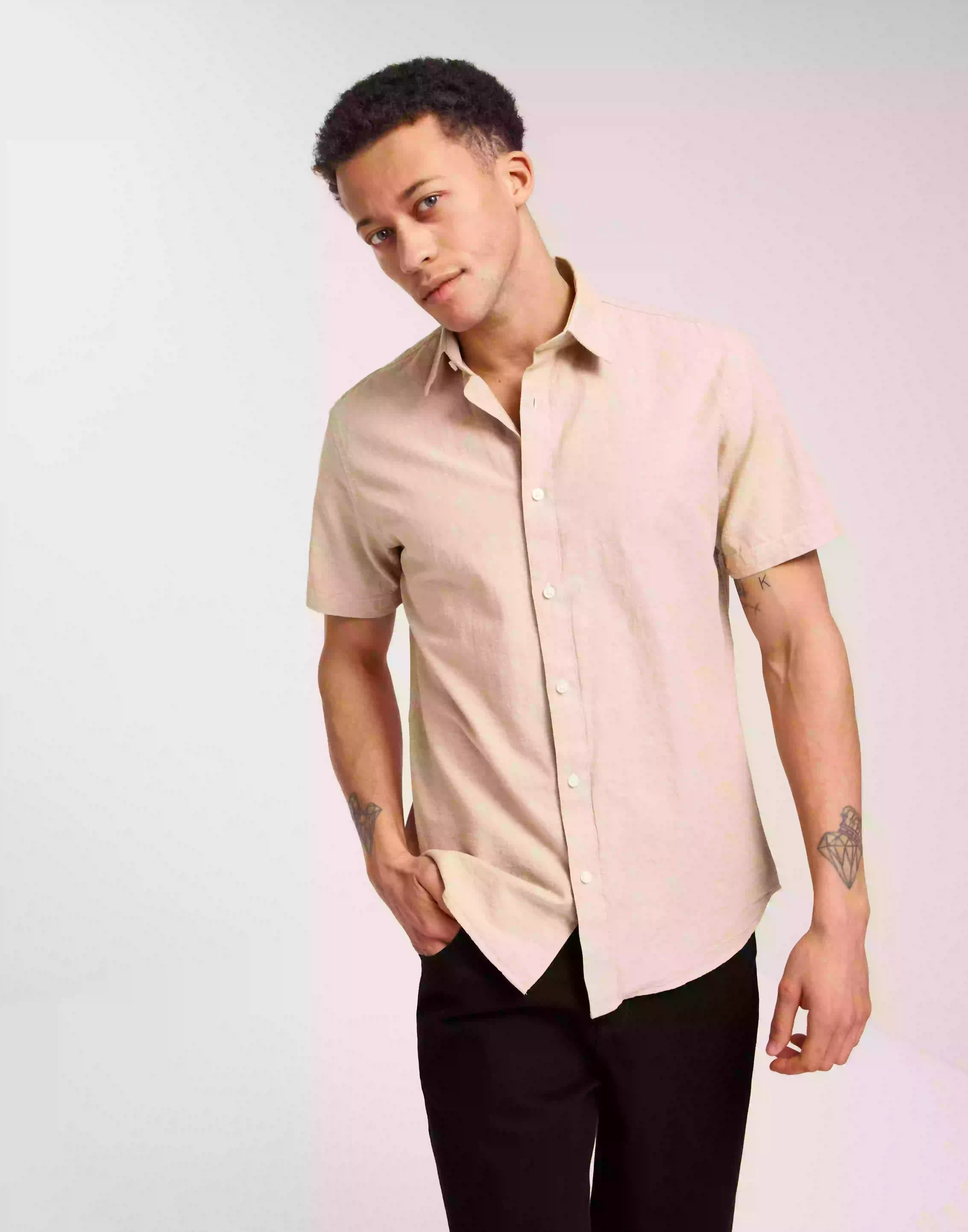 Selected Homme Slhregnew-Linen Shirt Ss Classic Kortärmade skjortor Kelp