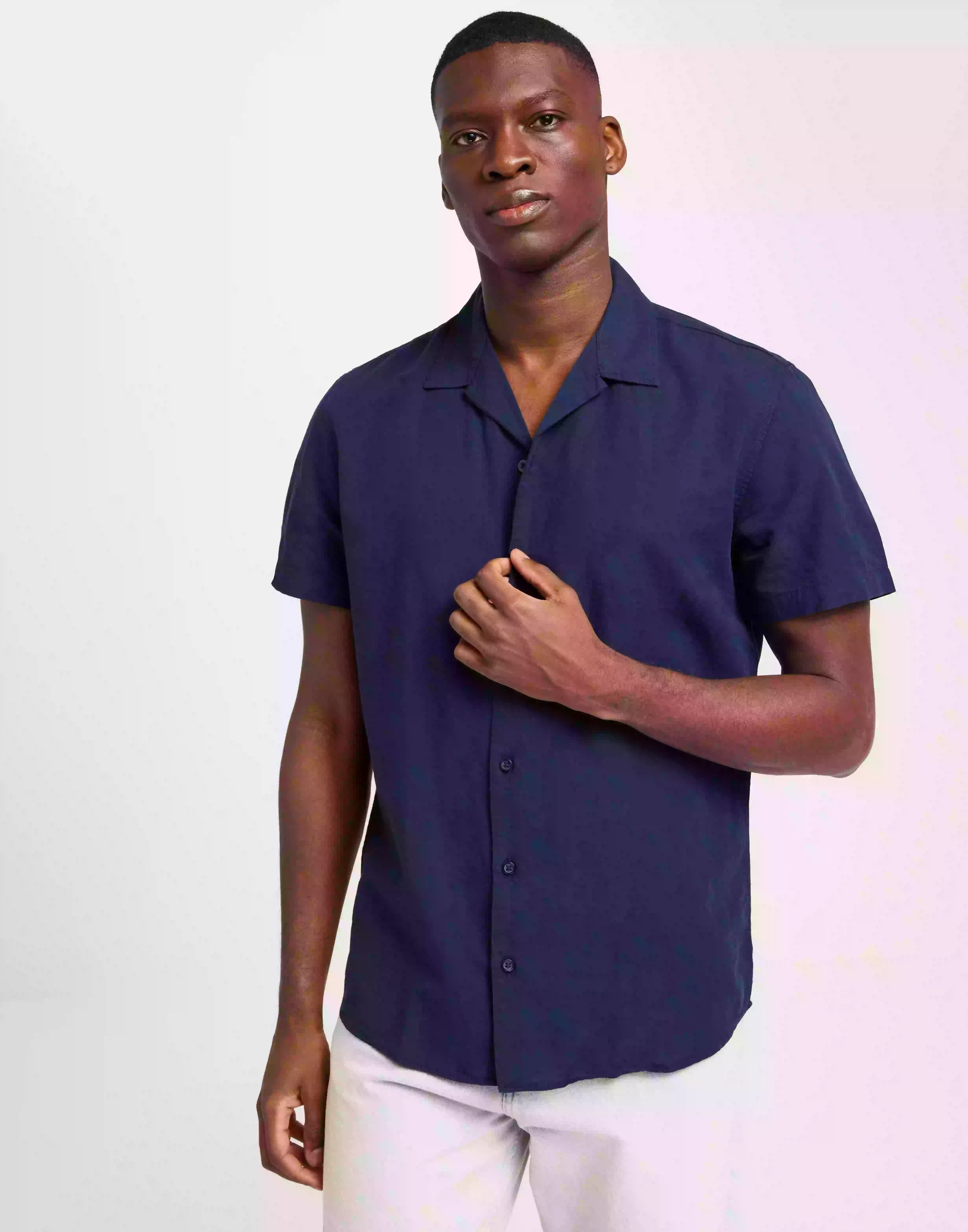 Selected Homme Slhregnew-Linen Shirt Ss Resort W Kortärmade skjortor Dark Sapphire