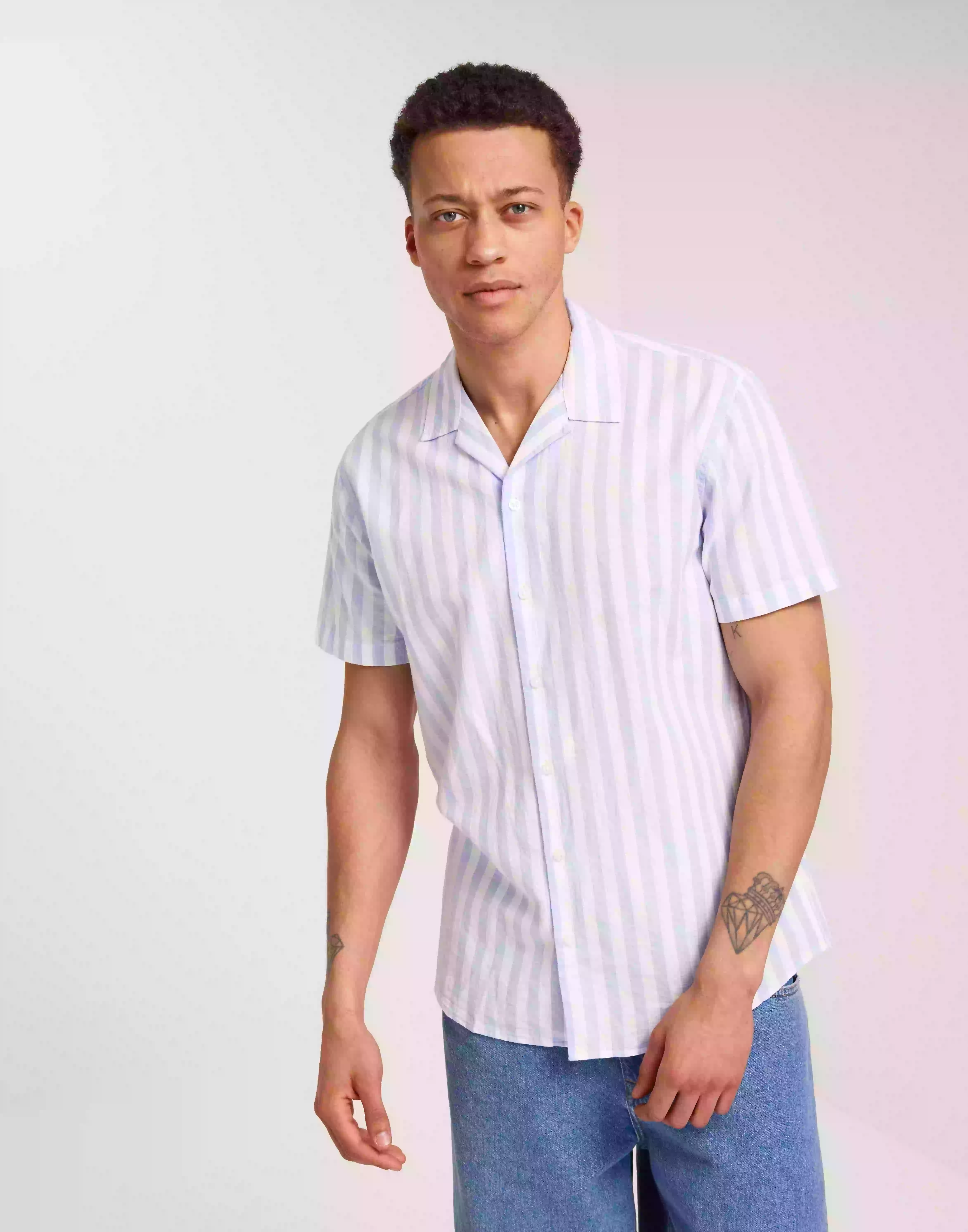 Selected Homme Slhregnew-Linen Shirt Ss Resort W Kortärmade skjortor Cashmere Blue Stripes
