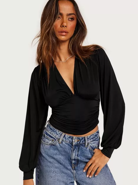 Plunge Neckline Black Top With Full Sleeve – Styched Fashion