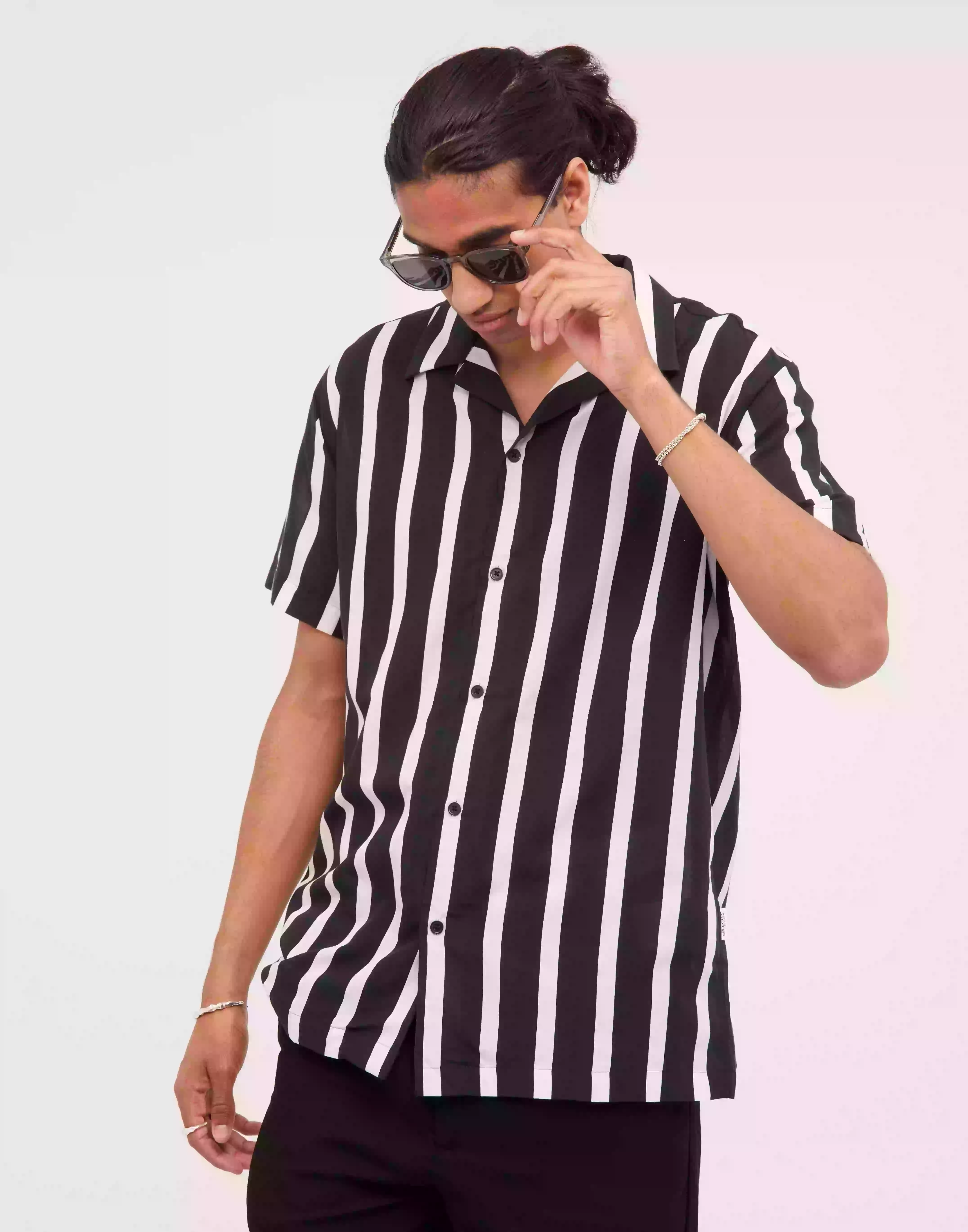 Selected Homme Slhreg-Air Shirt Ss Mix W Kortärmade skjortor Jet Black Stripes
