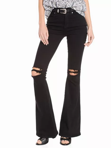Dr Denim Macy Flare Jeans With Ripped Knees In Black, 49% OFF