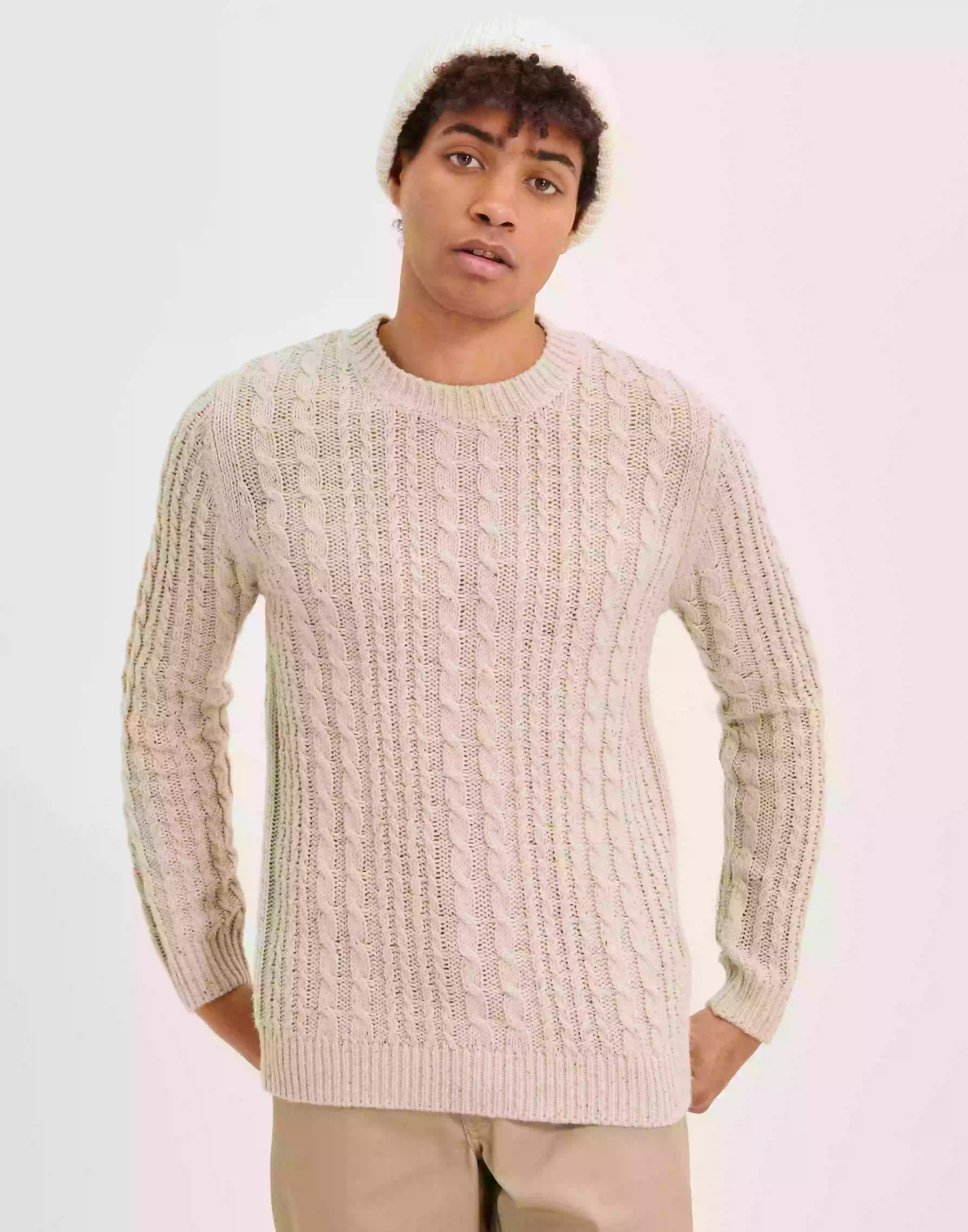 Selected Homme Slhhenry Ls Knit Cable Crew Neck W Stickade tröjor Oatmeal