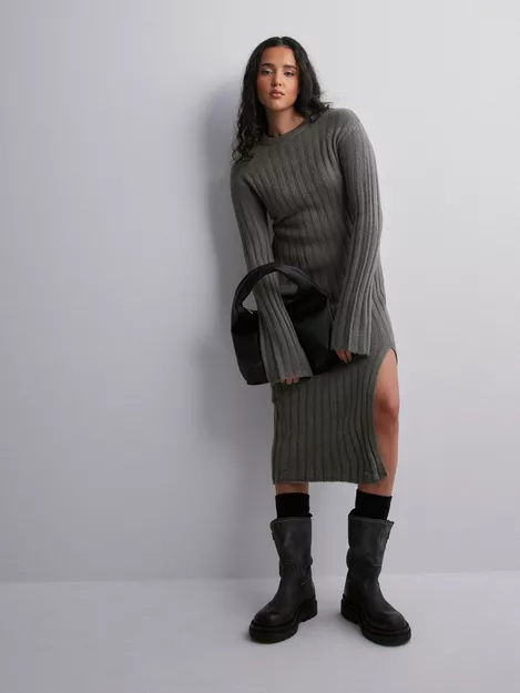 Grey Roll Neck Rib Knitted Jumper Dress