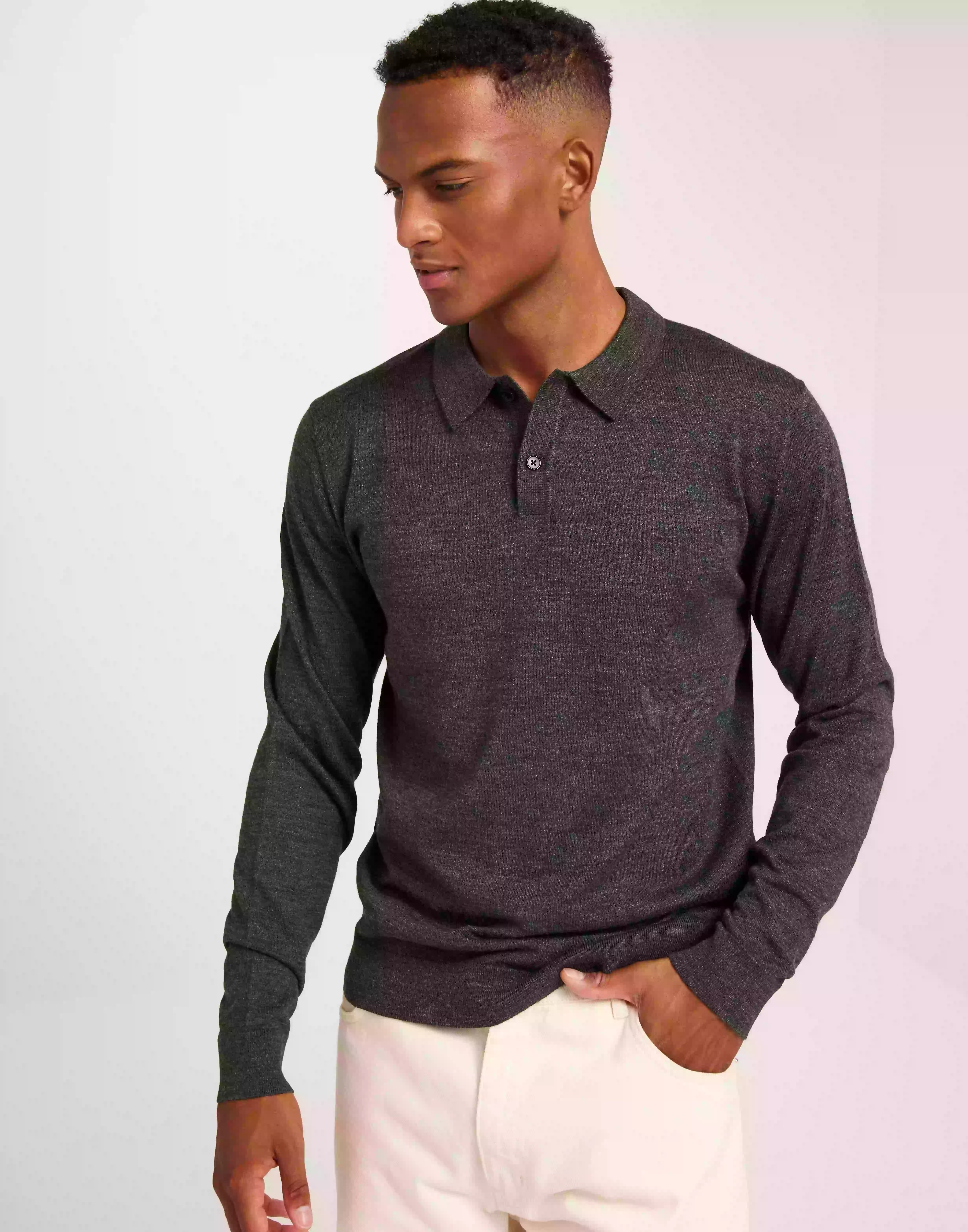 Selected Homme Slhtown Merino Coolmax Knit Polo No Långärmad piké Medium Grey Melange