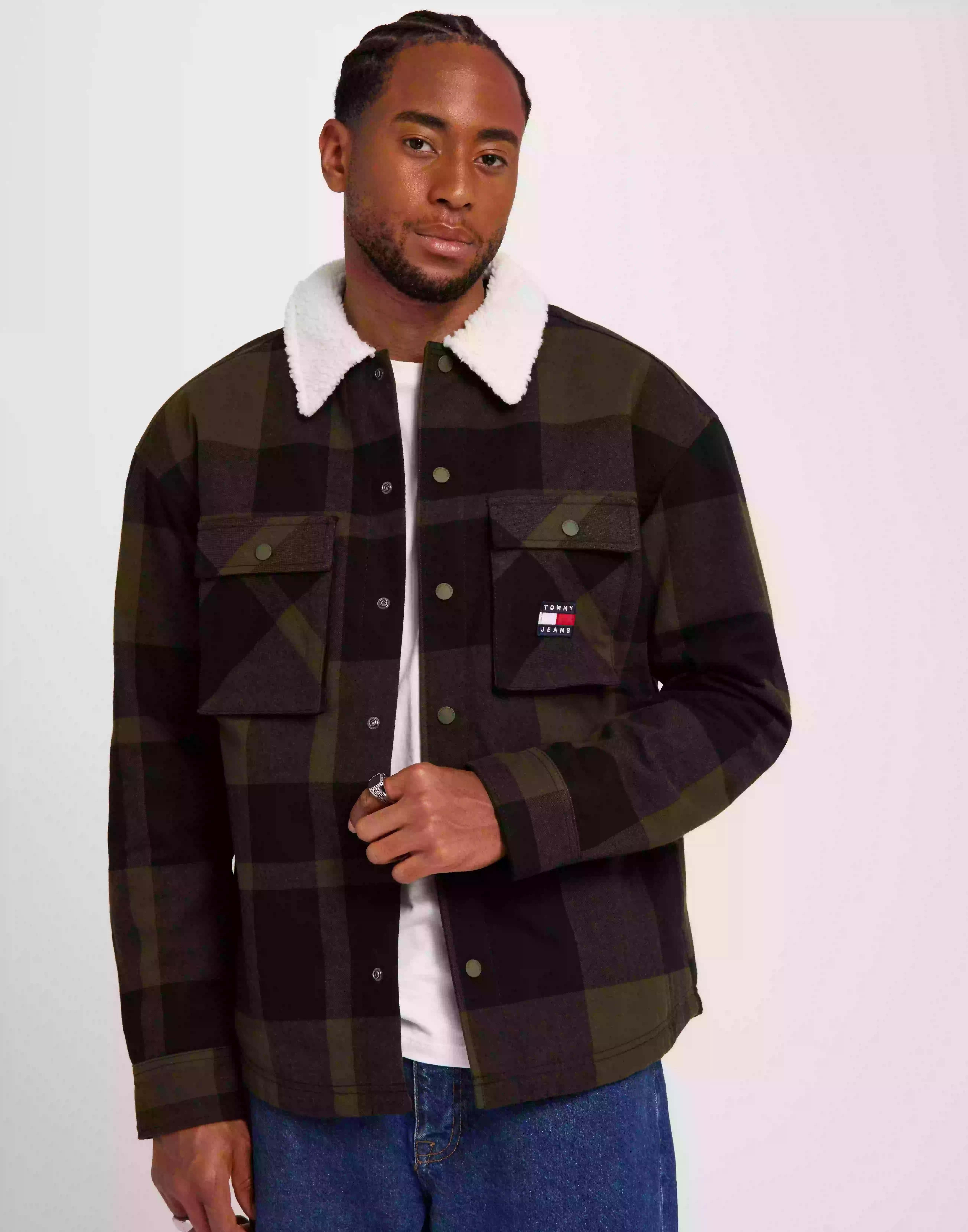 Tommy Jeans Tjm Check Sherpa Lined Overshirt Skjortjackor Drab Olive Green Check