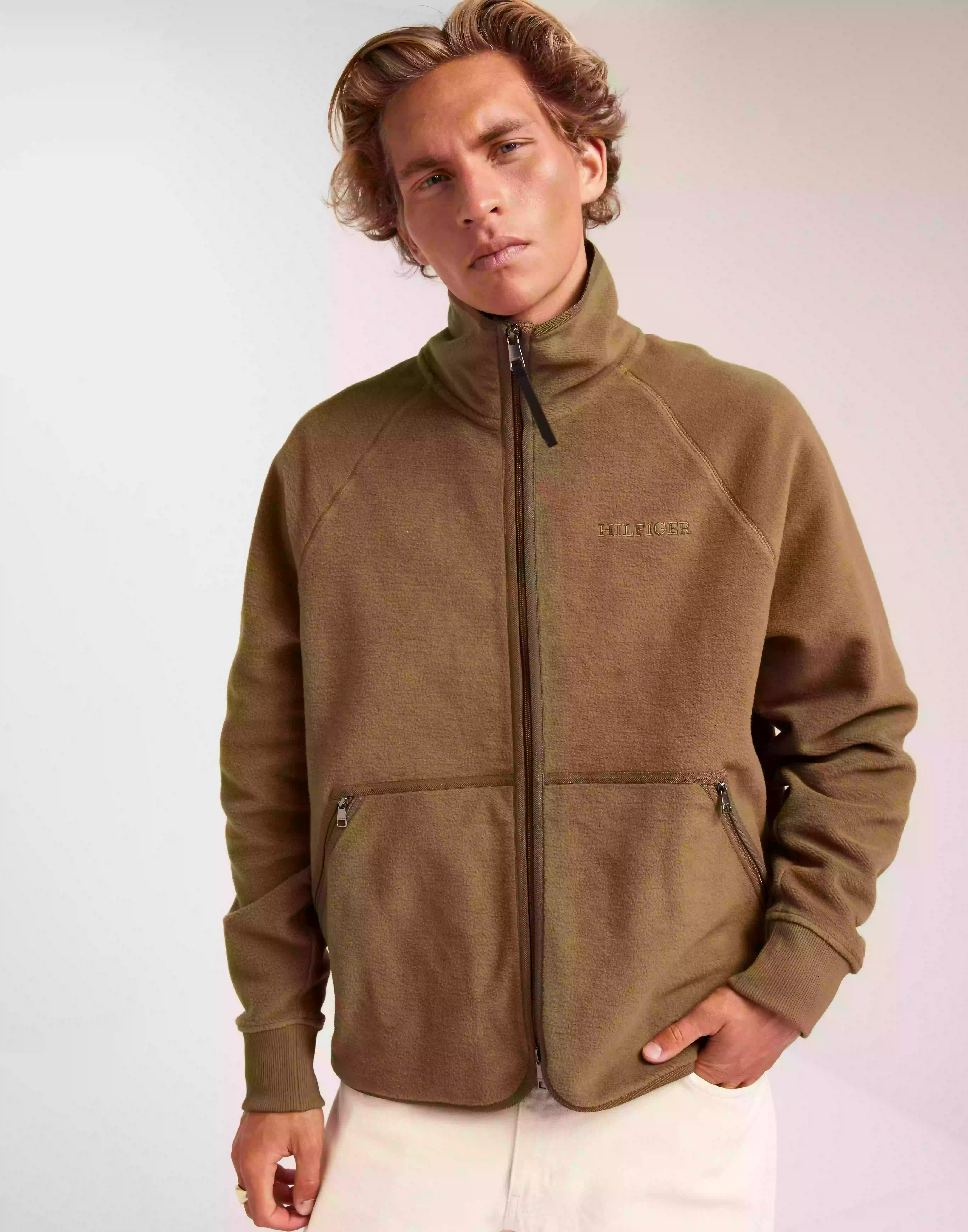 Tommy Hilfiger Monotype Embro Brushed Zip Thru Fleecejackor Desert Khaki