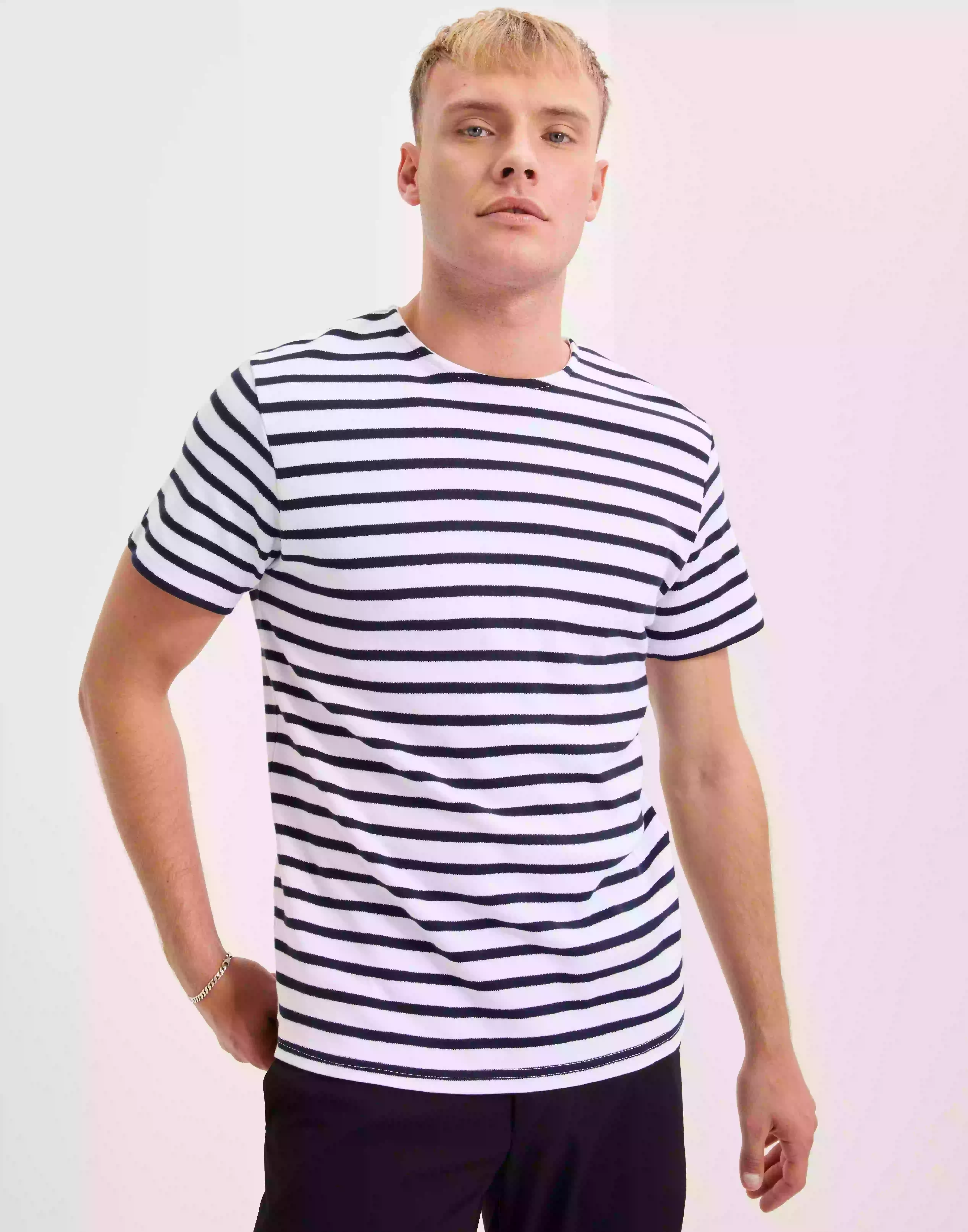 Selected Homme Slhbriac Stripe Ss O-Neck Tee Noos Randiga t-shirts Bright White Navy Blazer