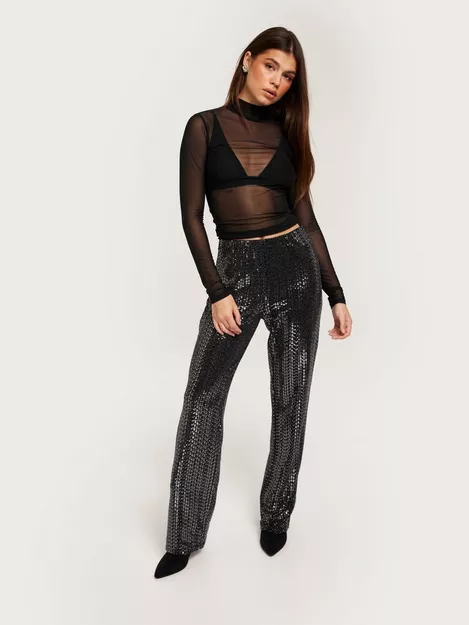 Buy Pieces PCSIDDY HW STRAIGHT PANTS - Black Silver Sequins