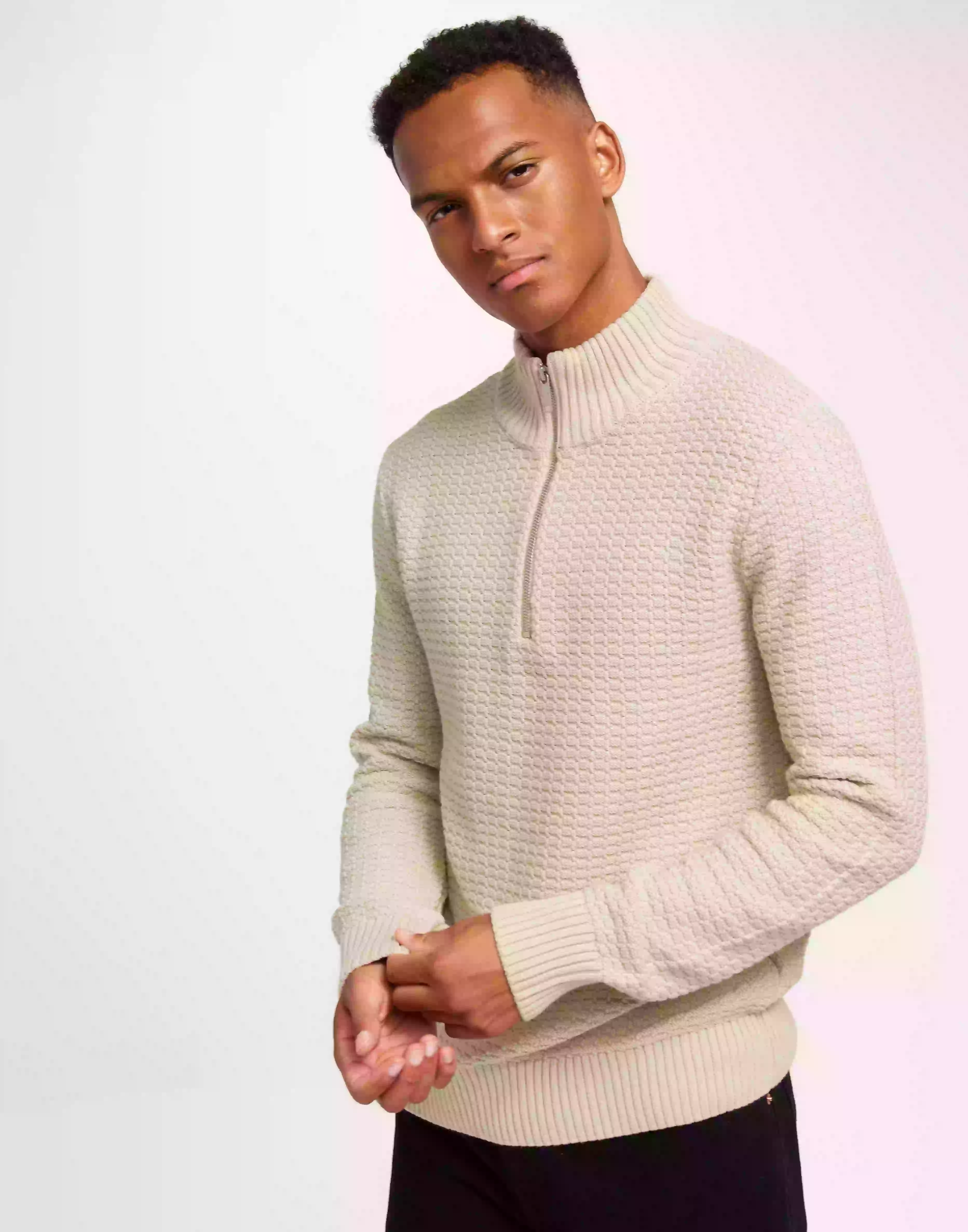 Selected Homme Slhthim Ls Knit Structure Half Zip Stickade tröjor Oatmeal