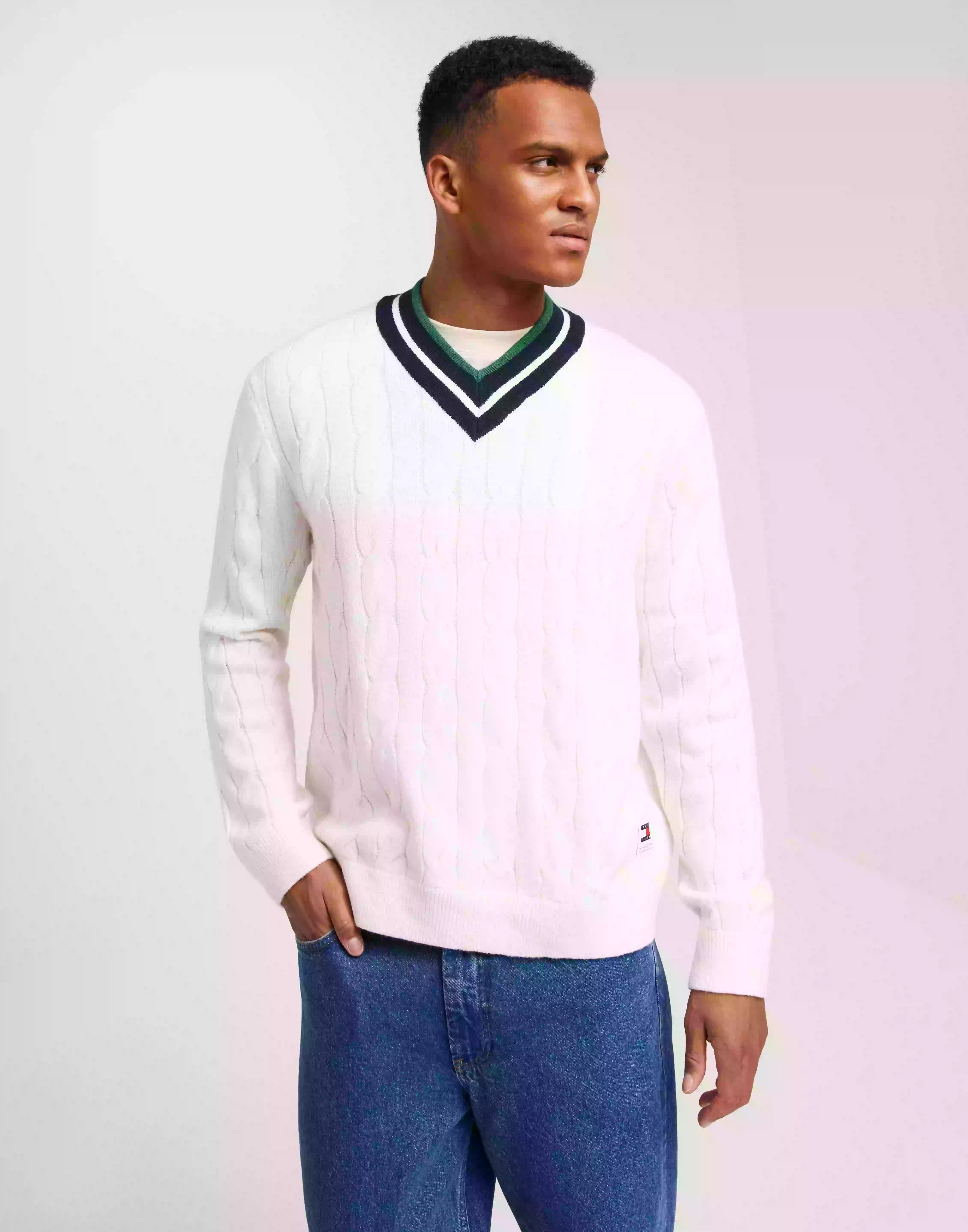 Tommy Jeans Tjm Reg V-Neck Cable Sweater Strikkegensere Ancient White