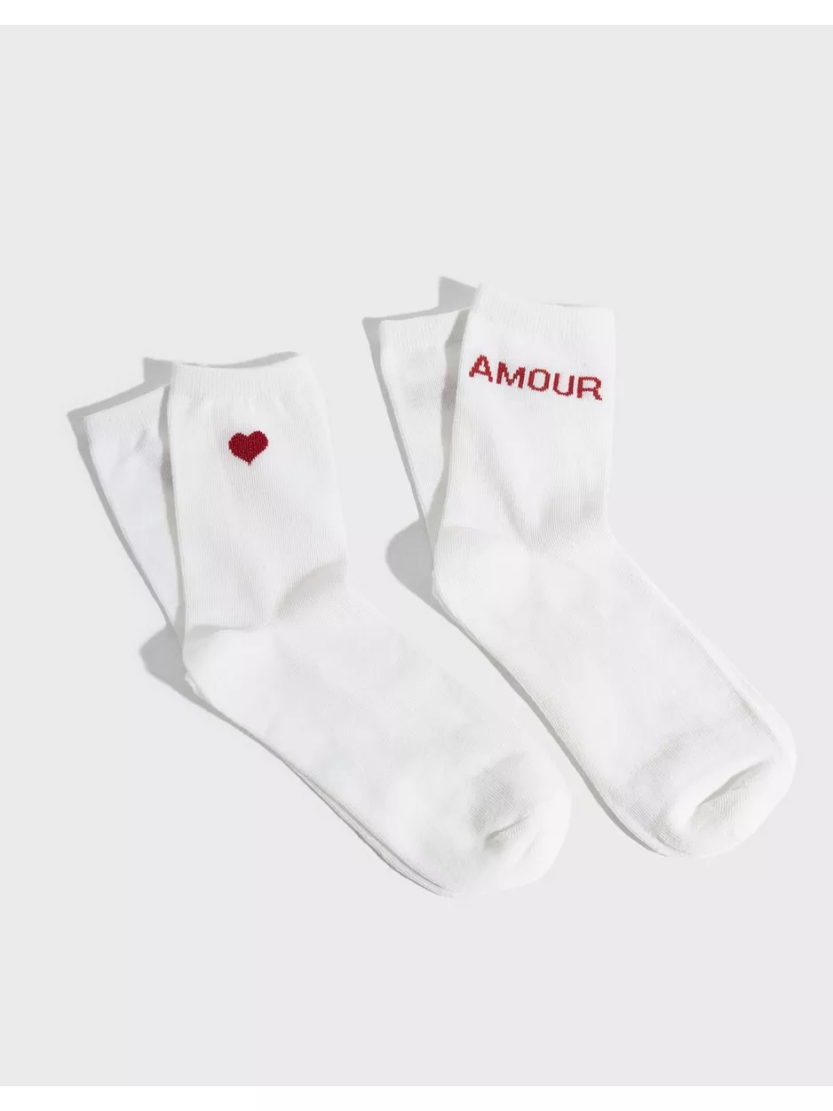 Pieces Pcmerry Ankle Socks 2-Pack Pa Bc Ankelsokker Cloud Dancer 2-Pack Text Amour+Heart Red
