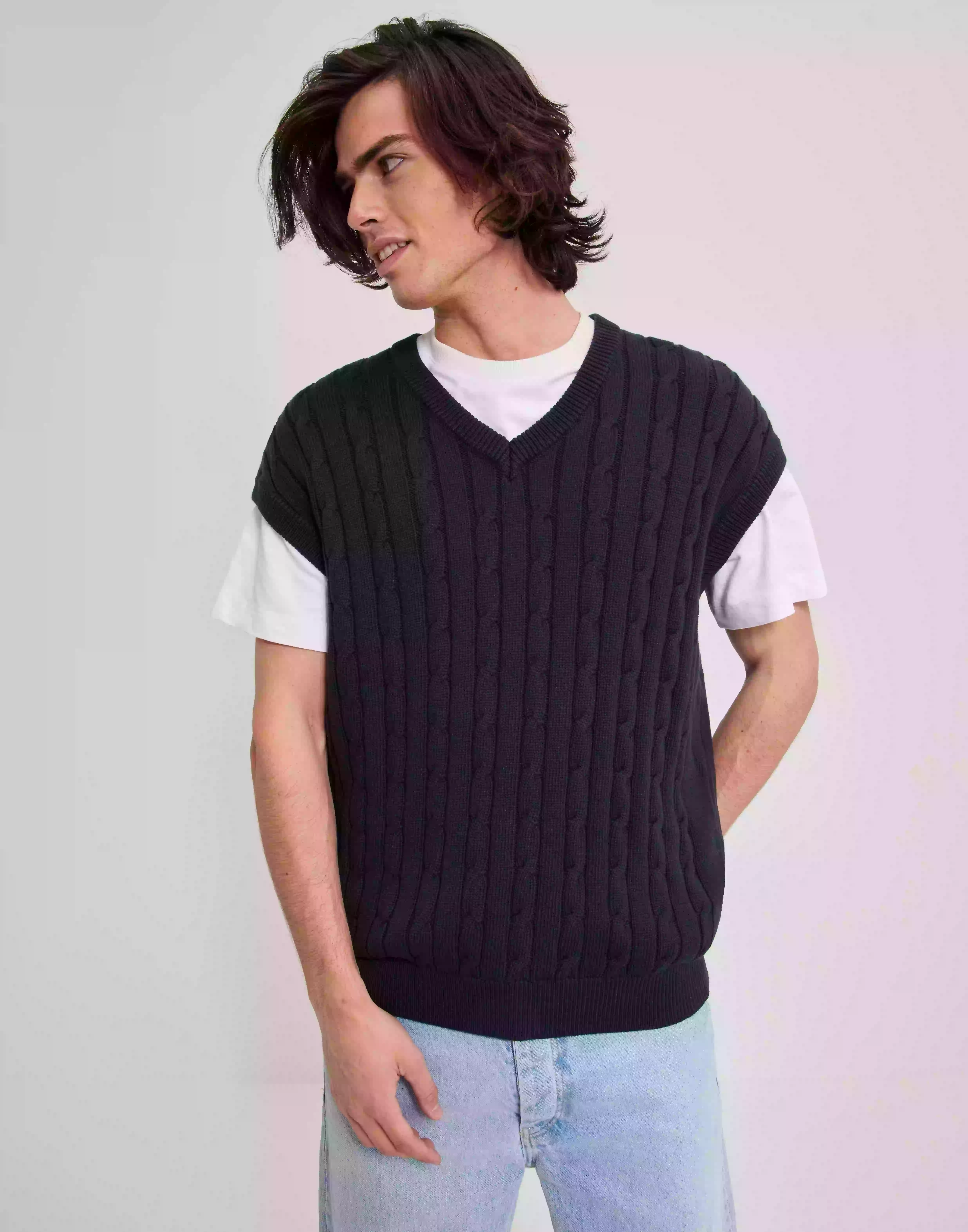 Casual Friday Klaes cable oversized vest Stickade västar Navy