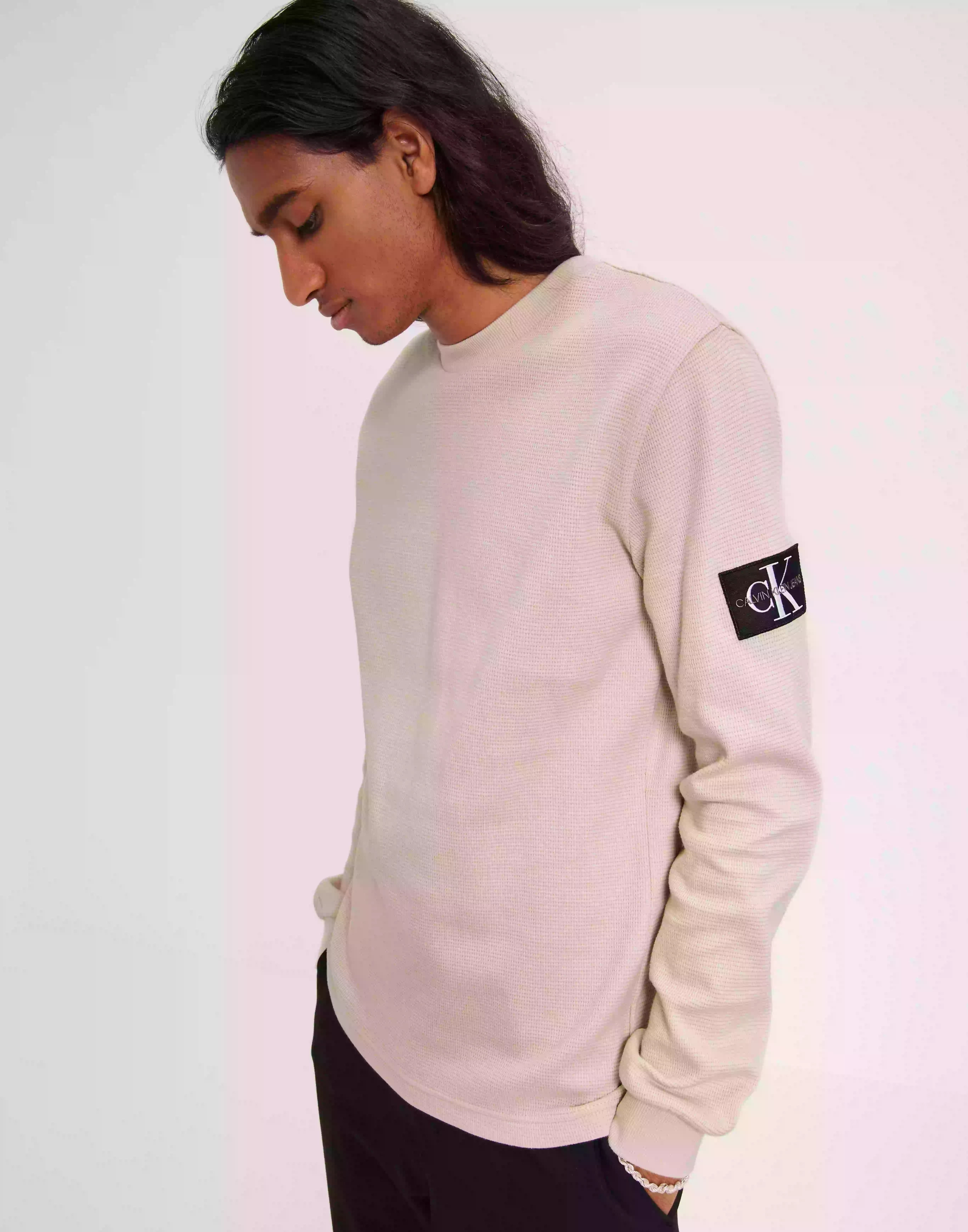 Calvin Klein Jeans Monologo Badge Waffle Ls Tee Sweatshirts Classic Beige