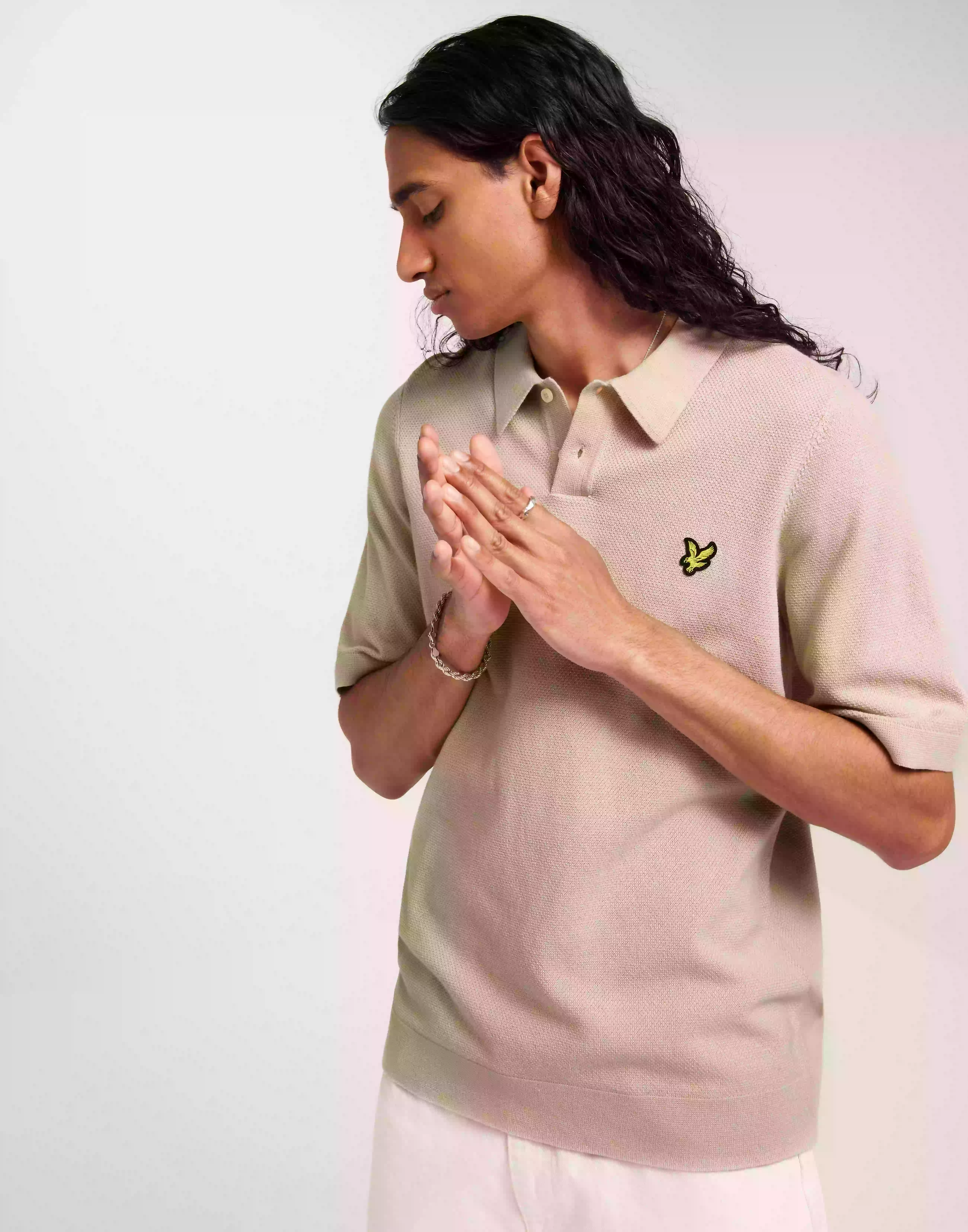 Lyle & Scott Textured Knitted Polo Kortärmad piké Sesame