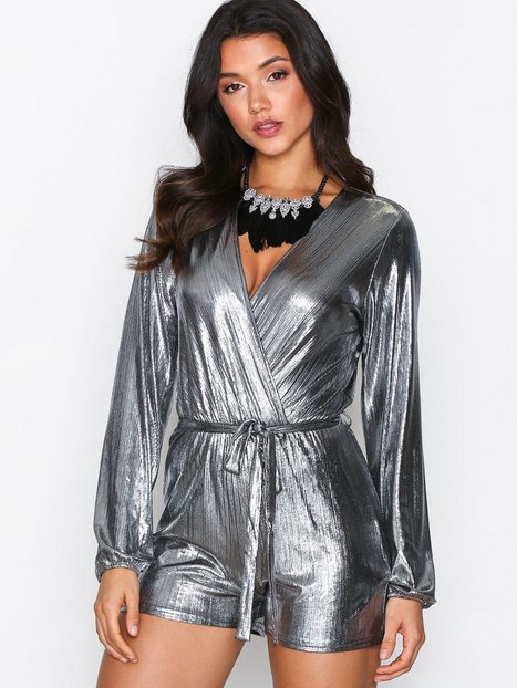 Silver Metallic Wrap Front Playsuit - New Look - Silver - Jumpsuits ...