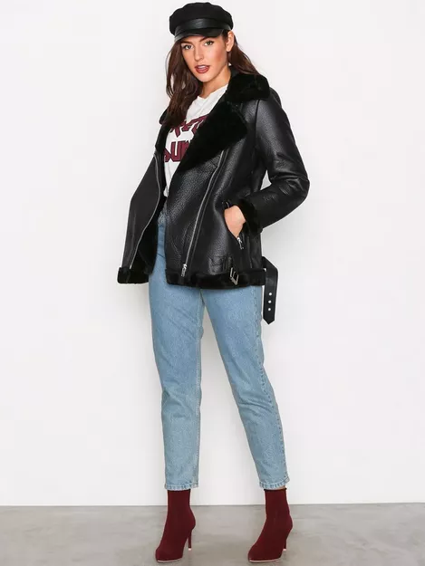 Topshop faux leather aviator jacket in black
