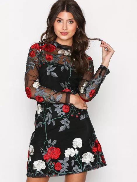 Favorite Fleur Black Floral Mesh Embroidered Skater Dress