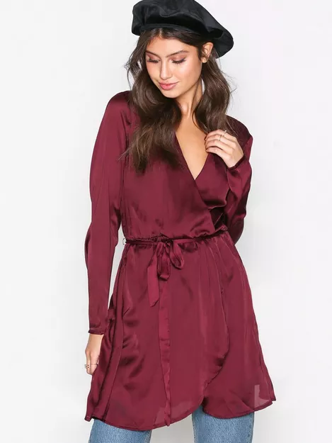 Burgundy Satin Long Sleeve Wrap Dress