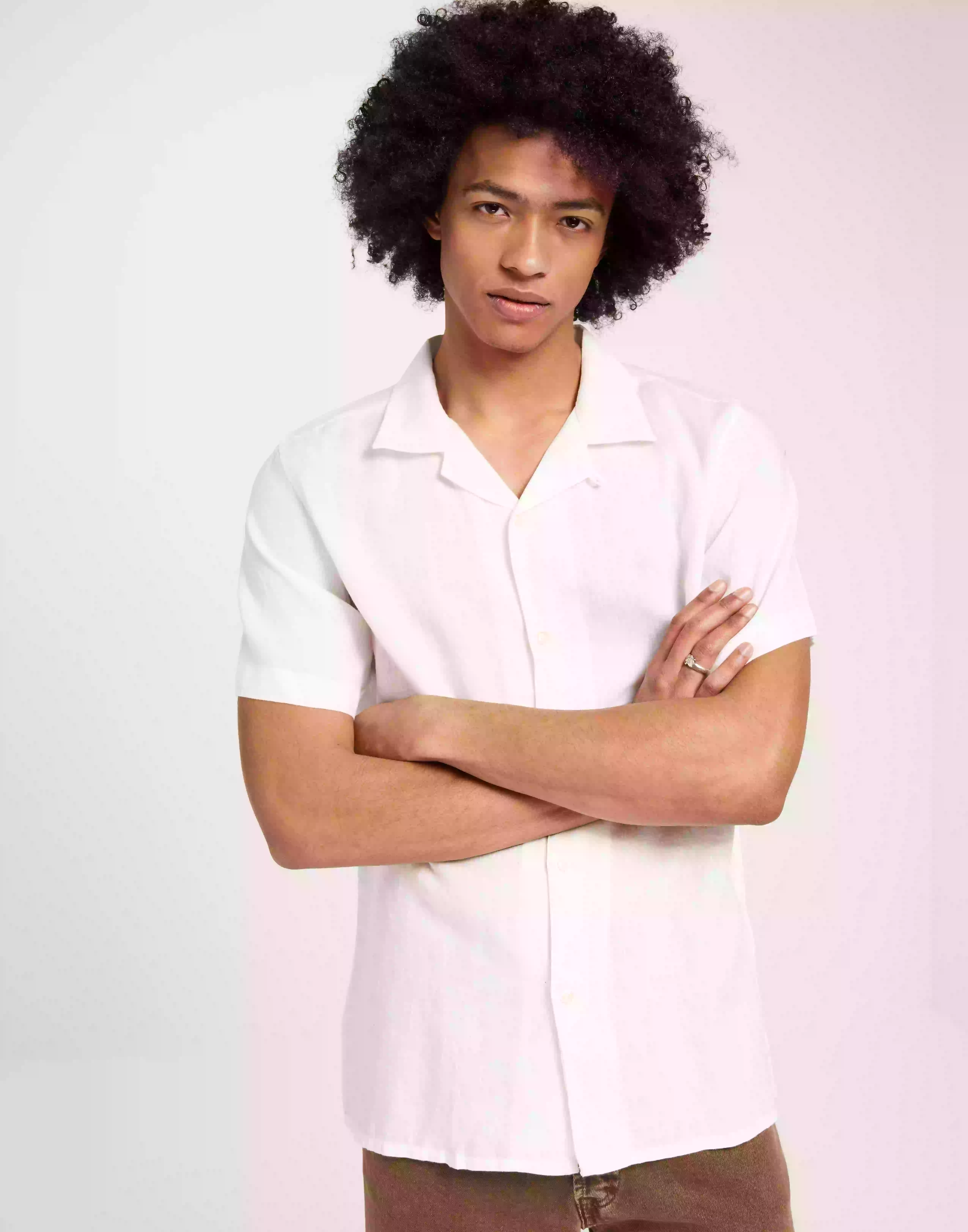 KnowledgeCotton Apparel Box fit short sleeved linen shirt GOTS/Vegan Kortärmade skjortor Bright White