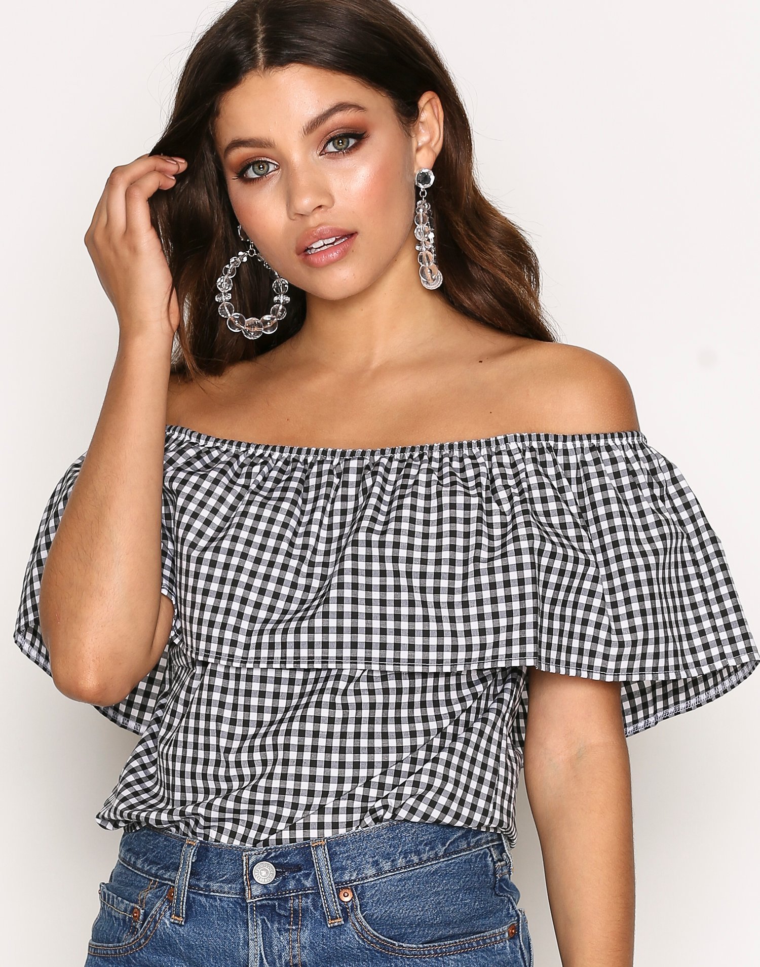 Off Shoulder Check Top - Nly Trend - Black/Check - Tops - Clothing ...