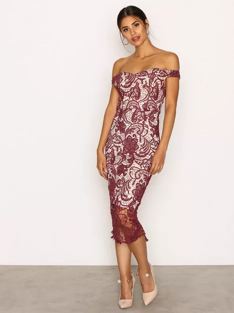 Buy Missguided Lace Bardot Midi Dress - Burgundy
