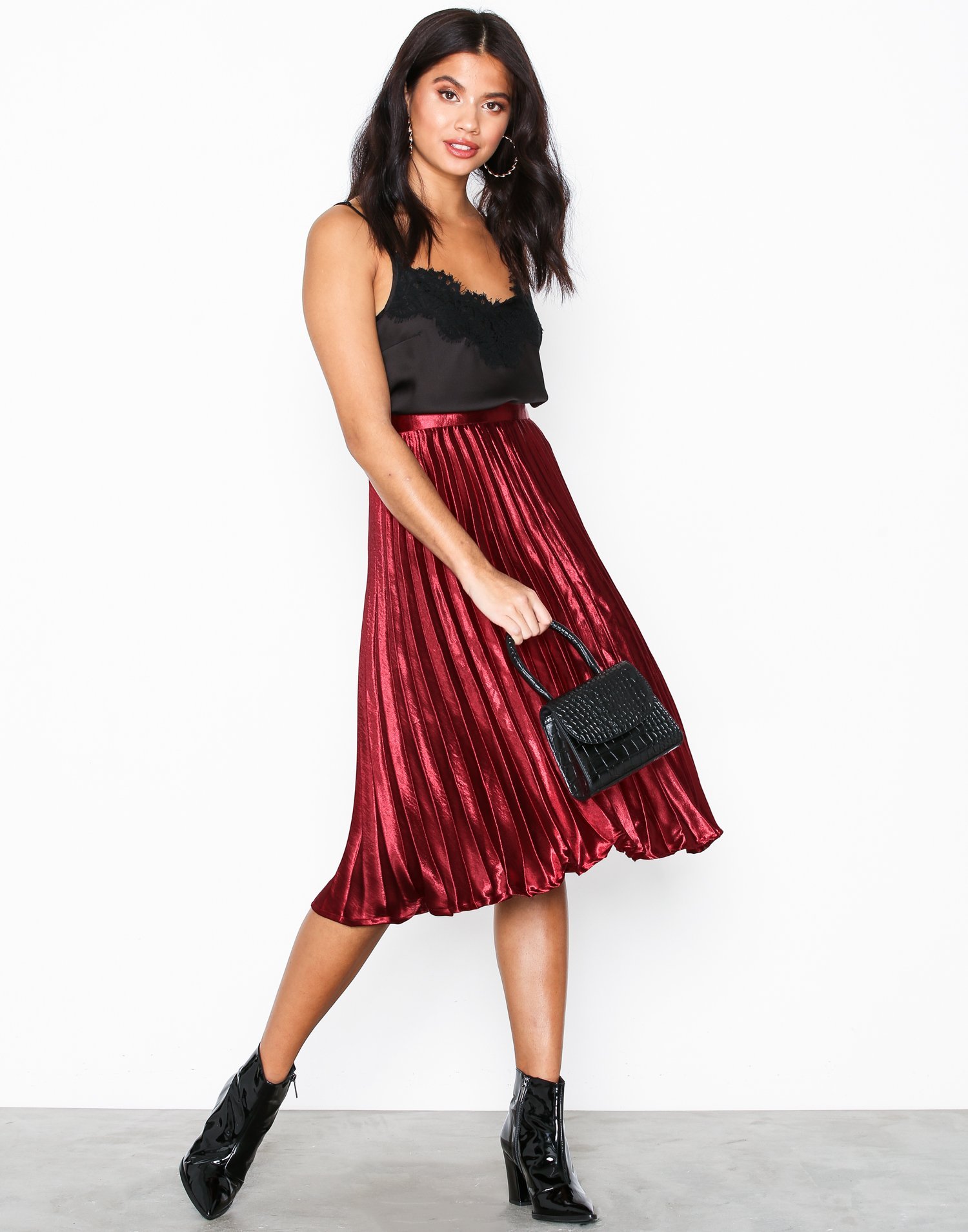 red satin pleated midi skirt