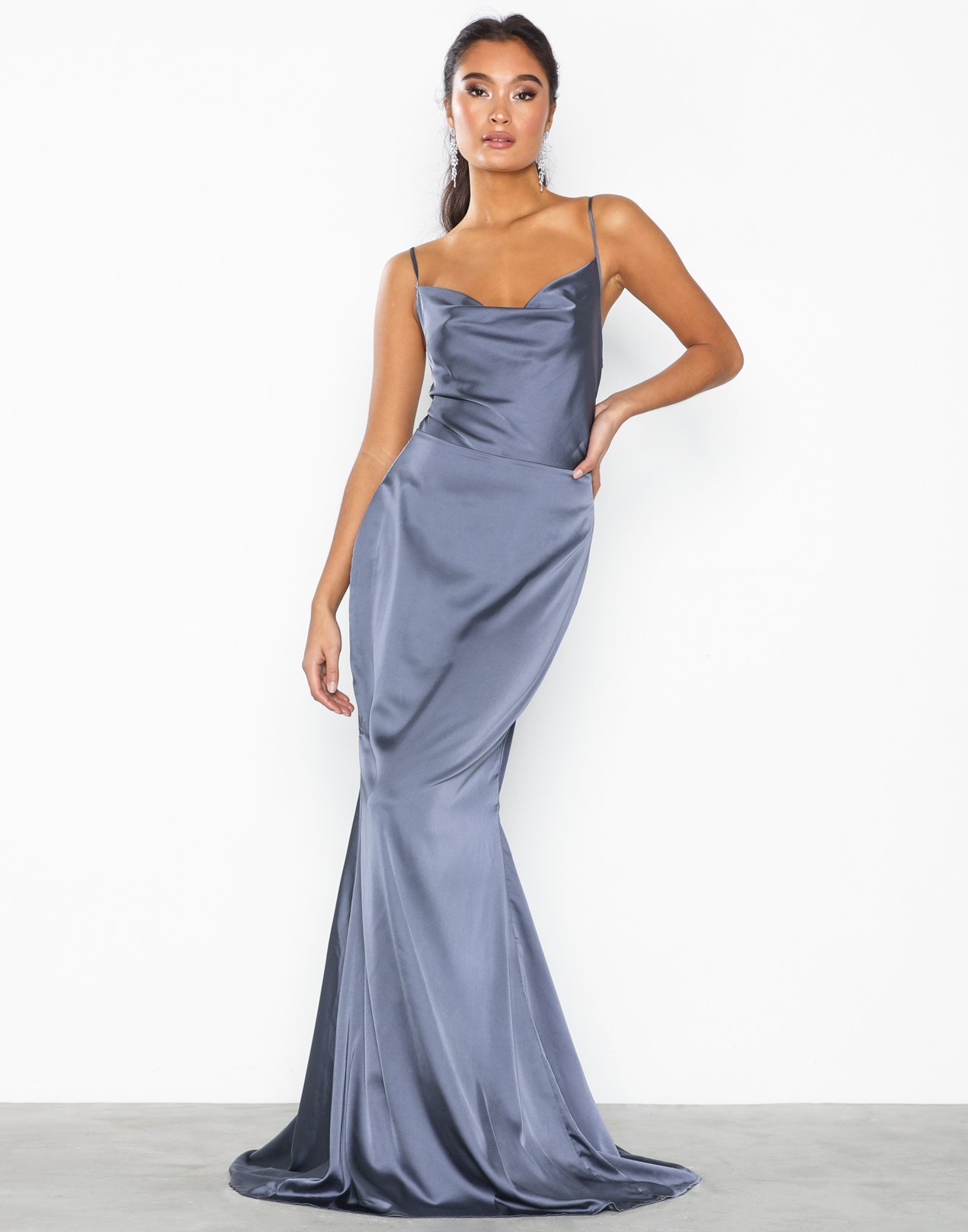 missguided satin cowl neck maxi slip dress in blue