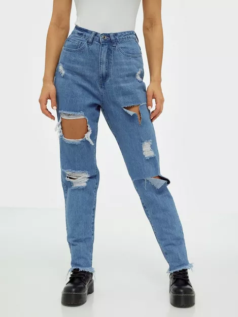 translation collide Closely Buy Missguided Riot High Rise Slit Rip Mom Jeans - Blue | Nelly.com