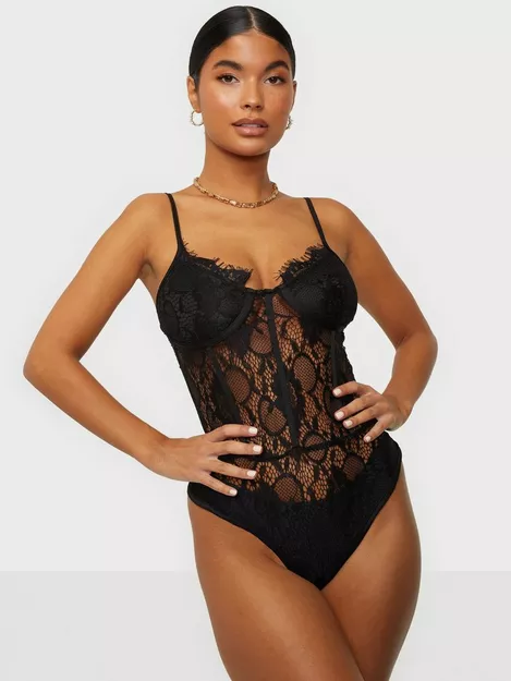 Petite Black Strappy Lace Cupped Bodysuit, Black from Missguided