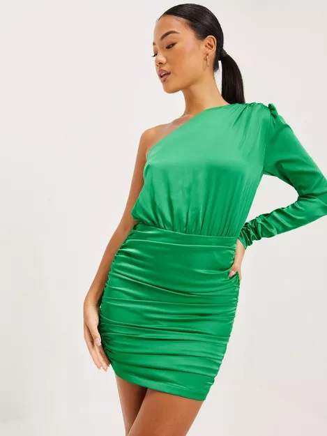 Rare London ruched satin mini dress with high neck in emerald