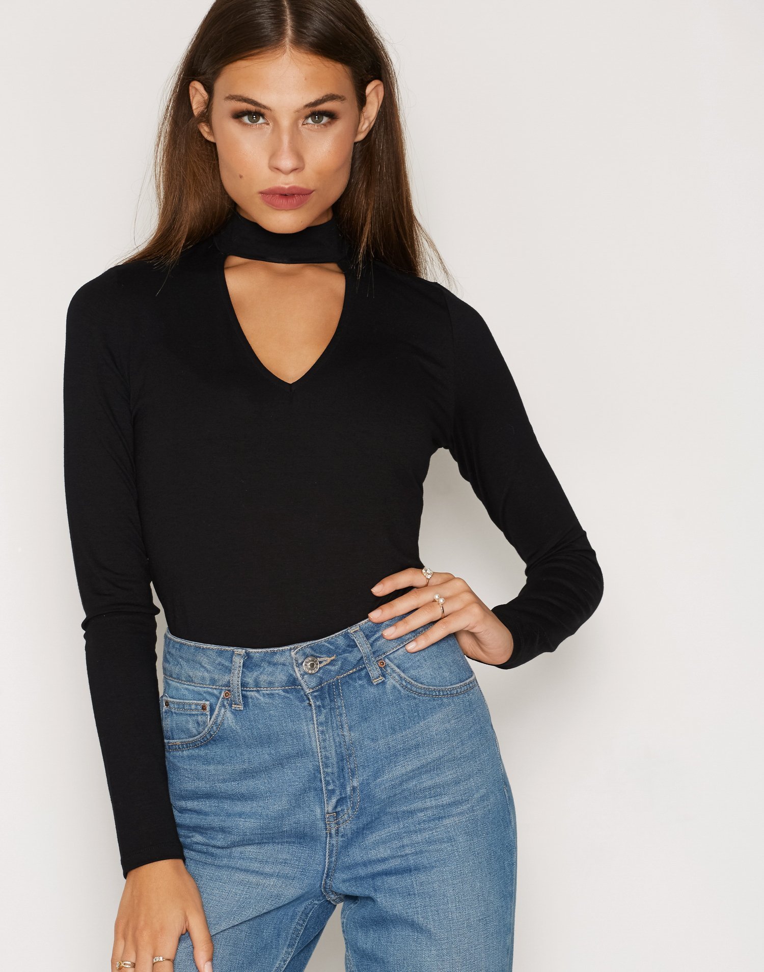 black shirt with neck choker