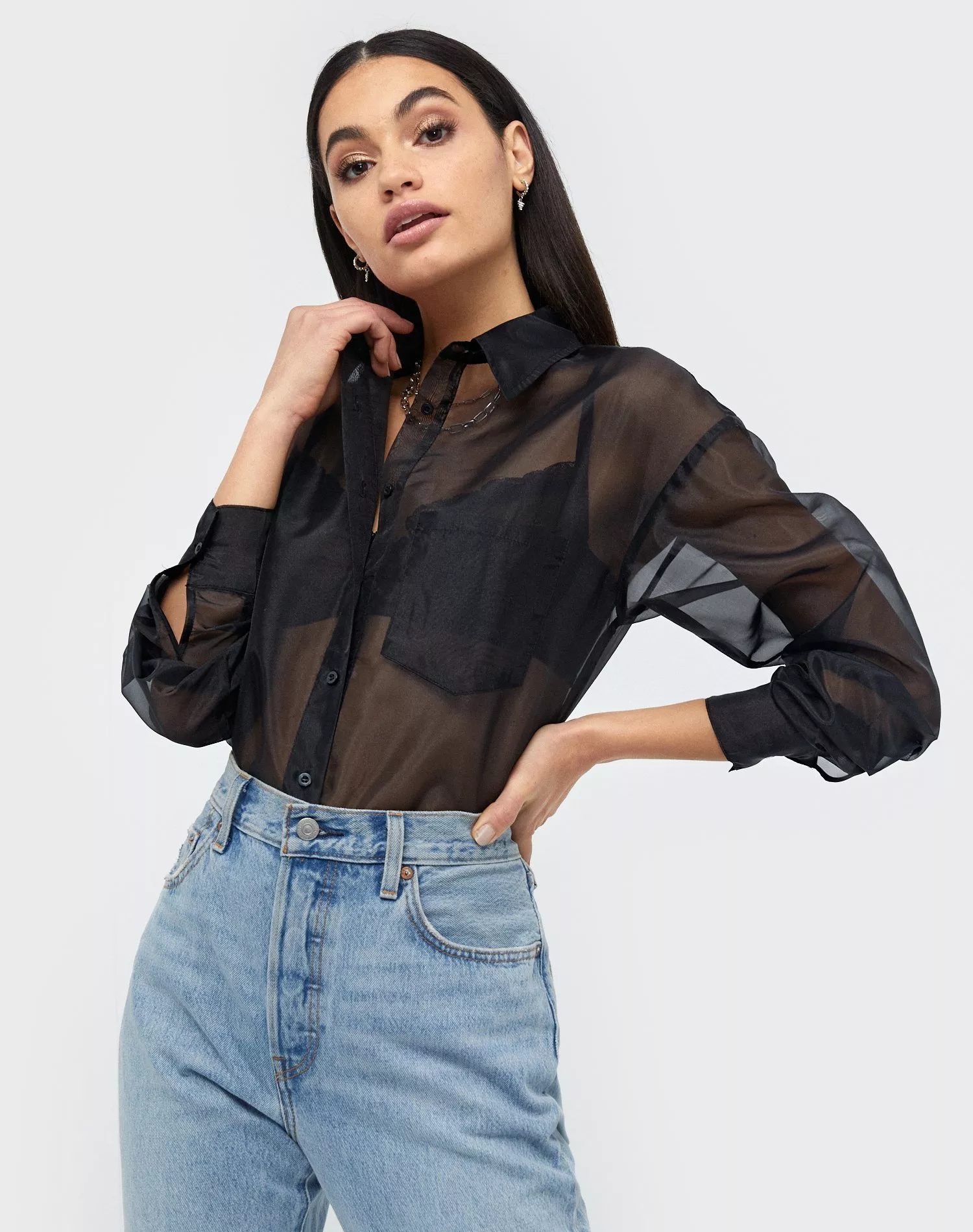 Topshop long sleeve organza sheer shirt with pockets in black