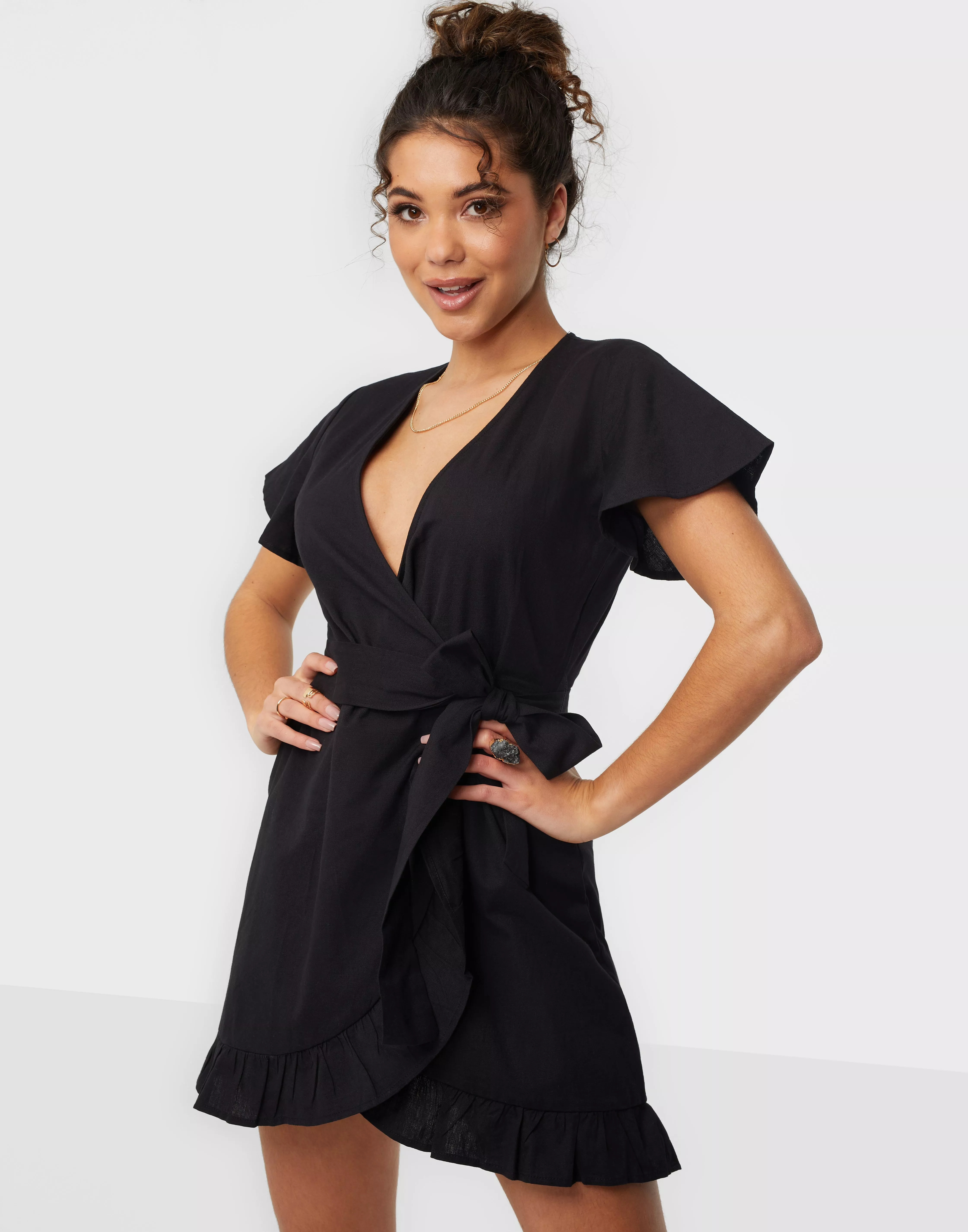 Black wrap frill sales dress