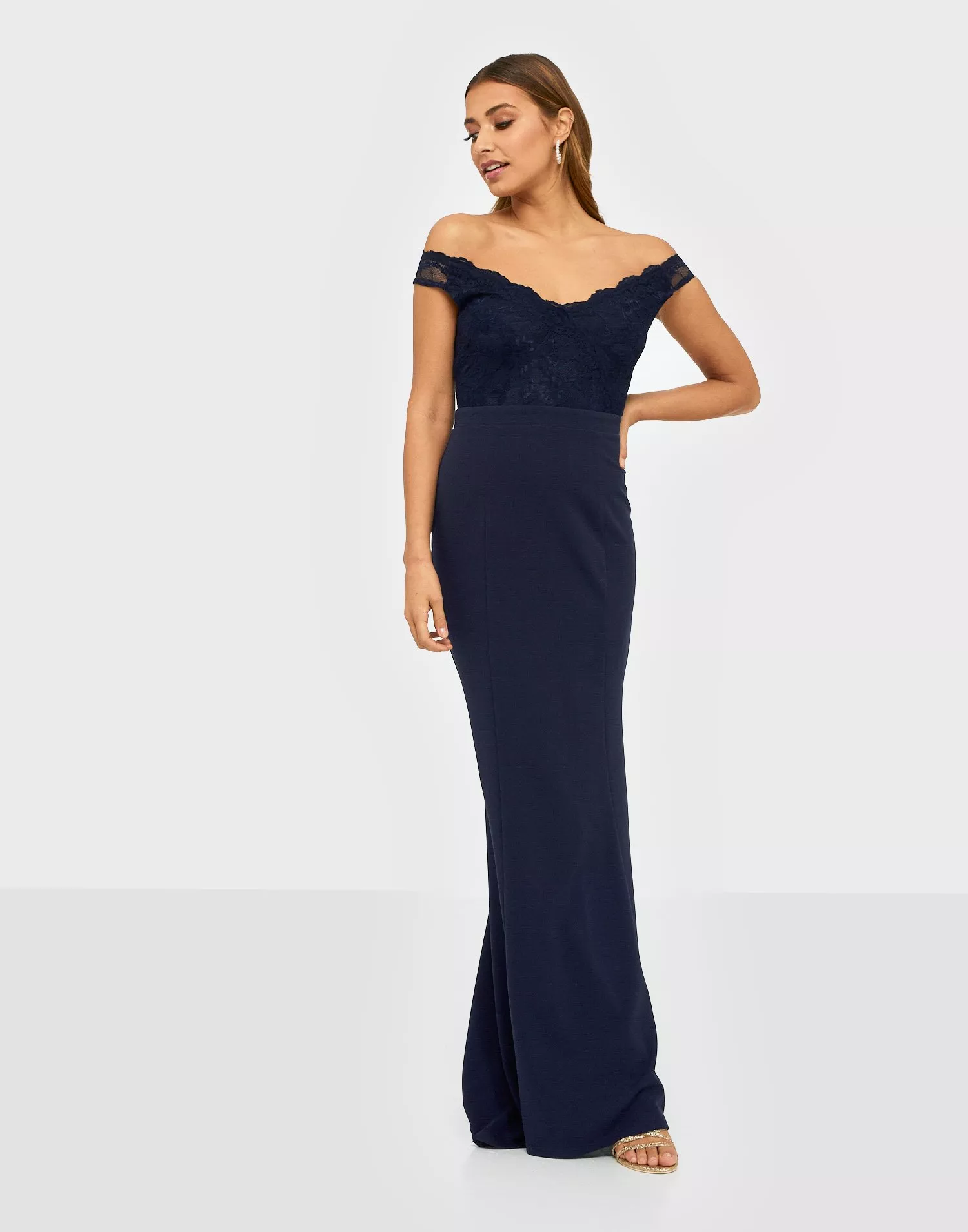 Bridesmaid navy bardot lace hotsell insert fishtail maxi dress