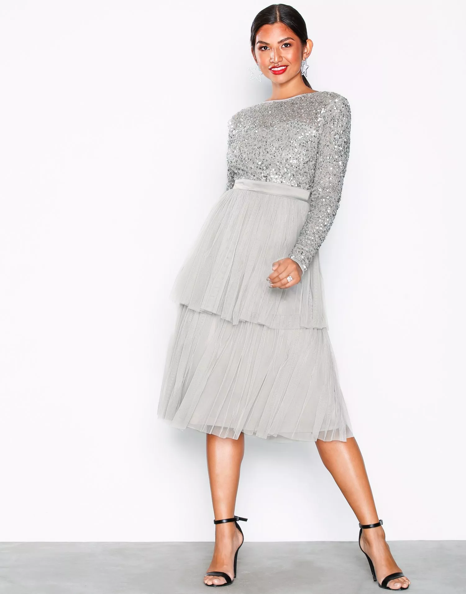 Delicate sequin outlet tiered midi dress