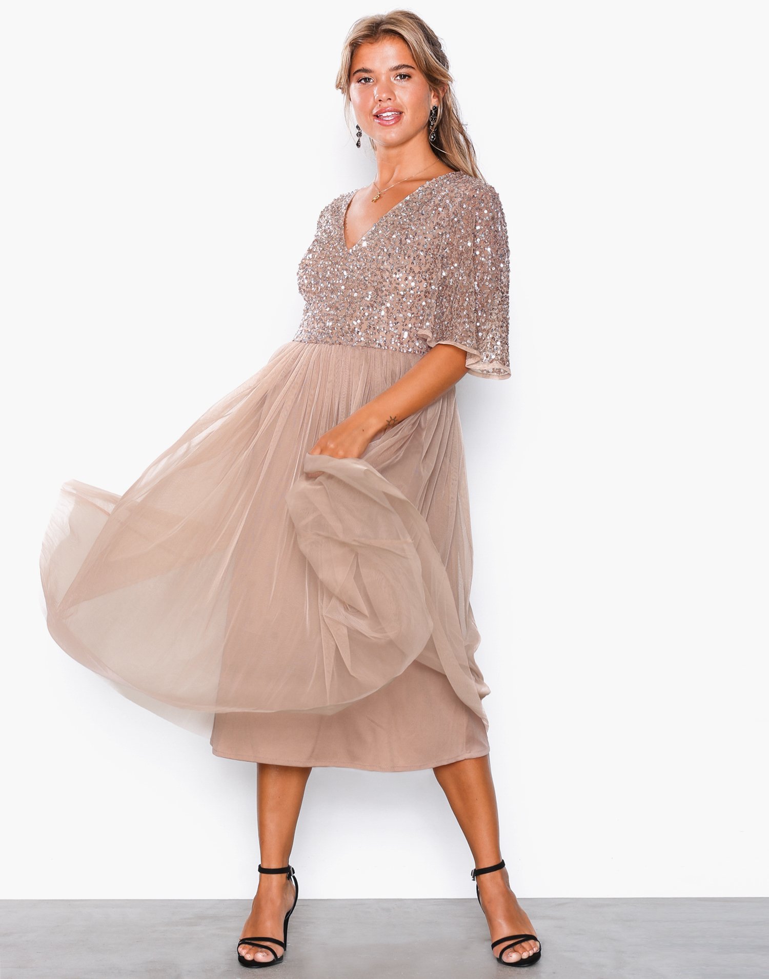 V-Neck Delicate Sequin Midi Dress