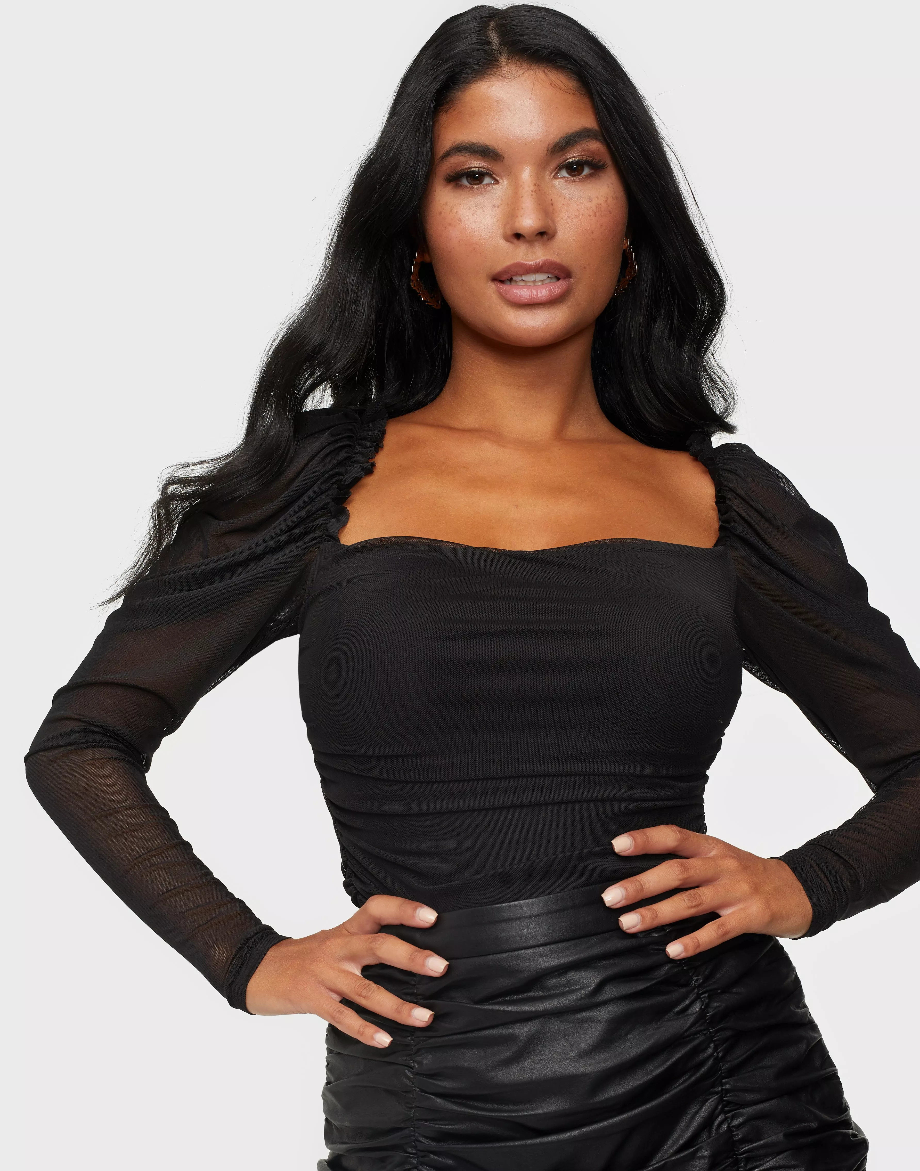 Buy Nelly Ruched Mesh Bodysuit - Black