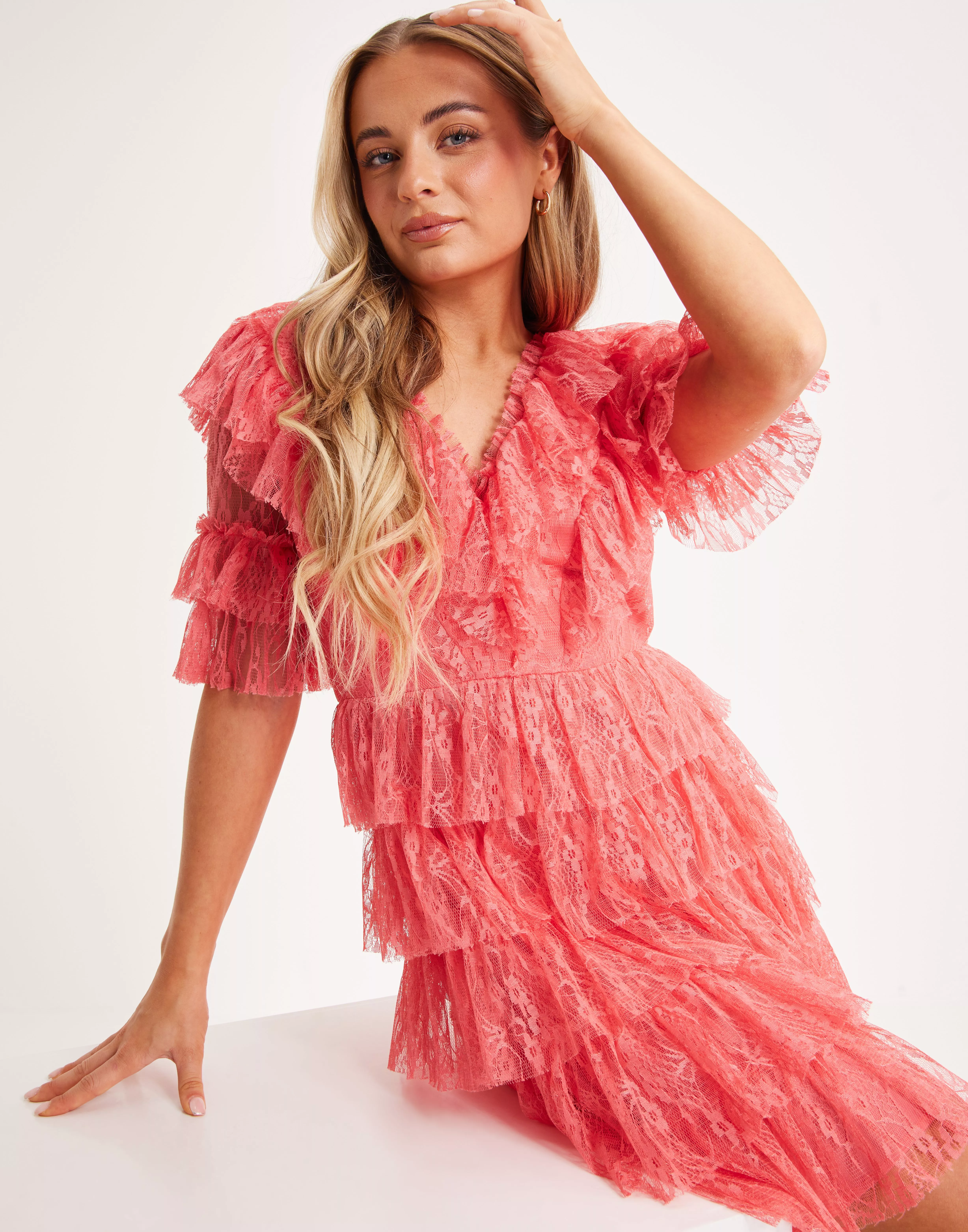 K p By Malina Sky v neck frill mini lace dress Coral Nelly