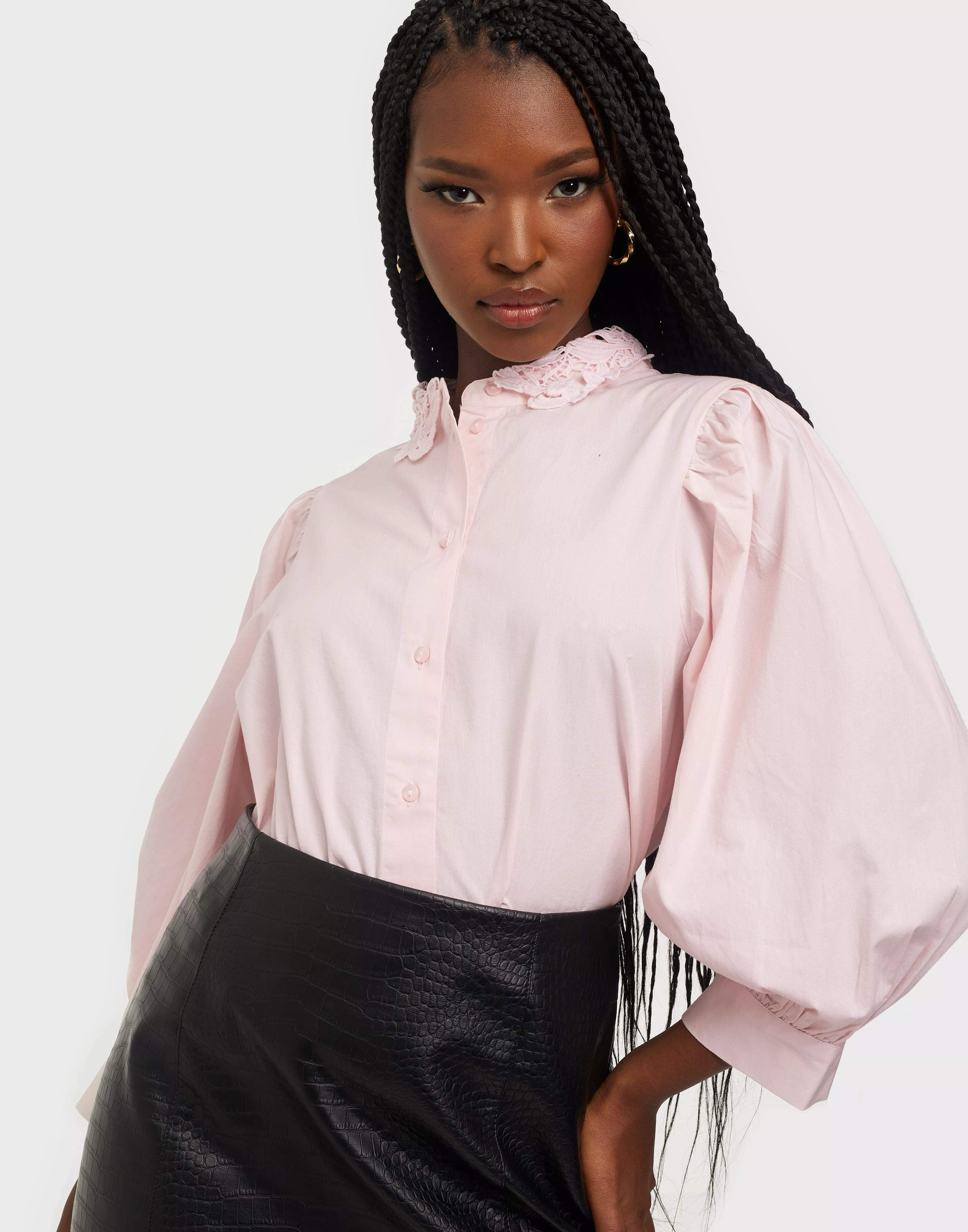 Pink blouse discount with puff sleeves