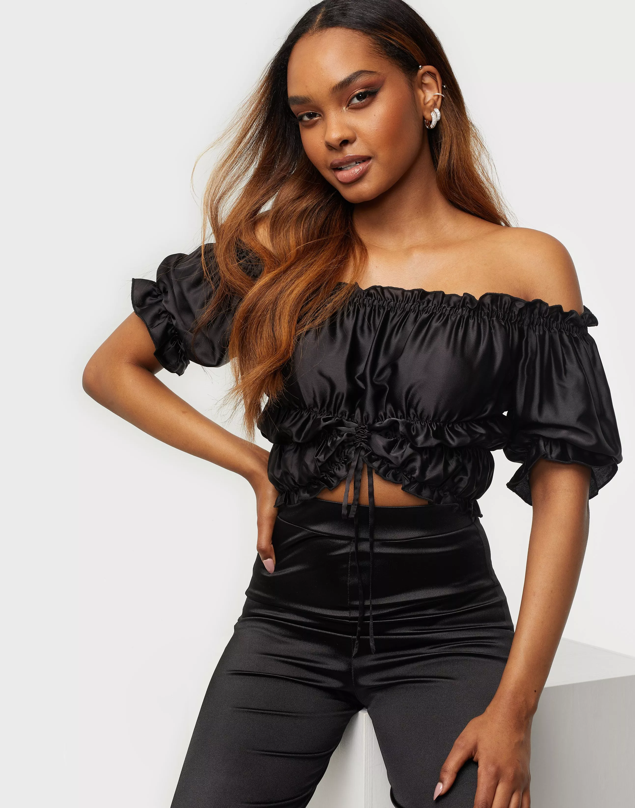 Buy Nelly Ruched Satin Top - Black