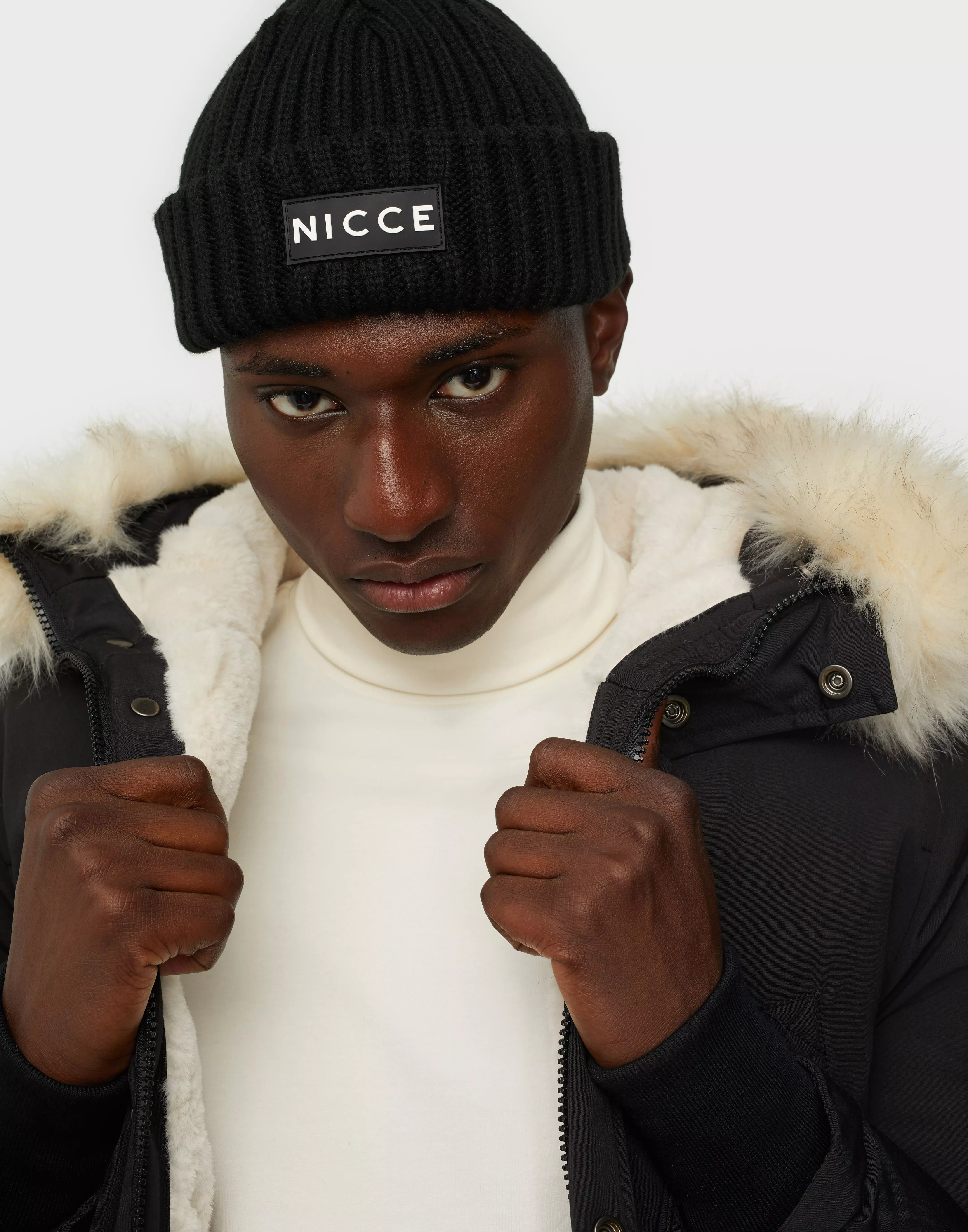 Nicce parka jacket in clearance black with fur hood