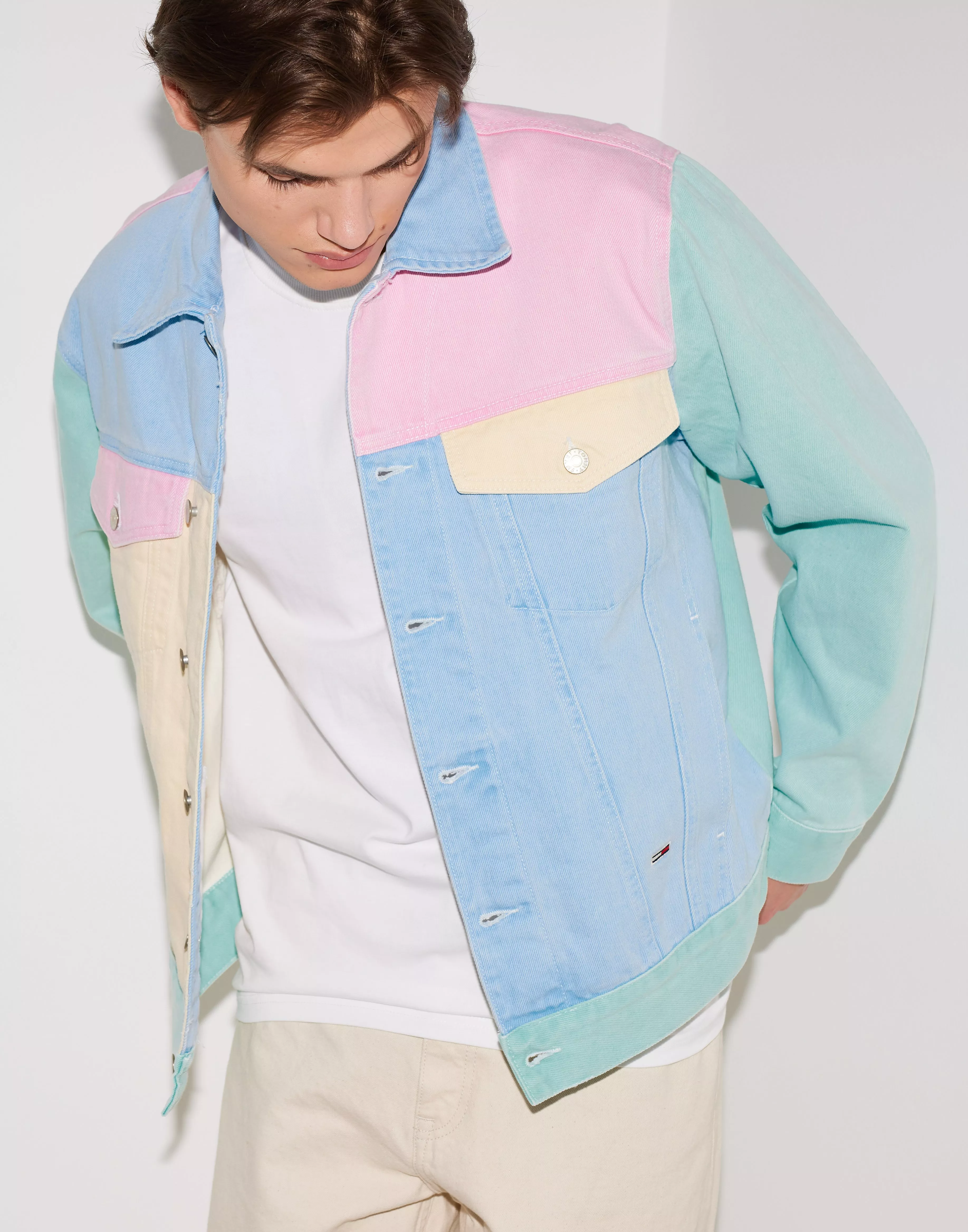 Denim color block on sale jacket