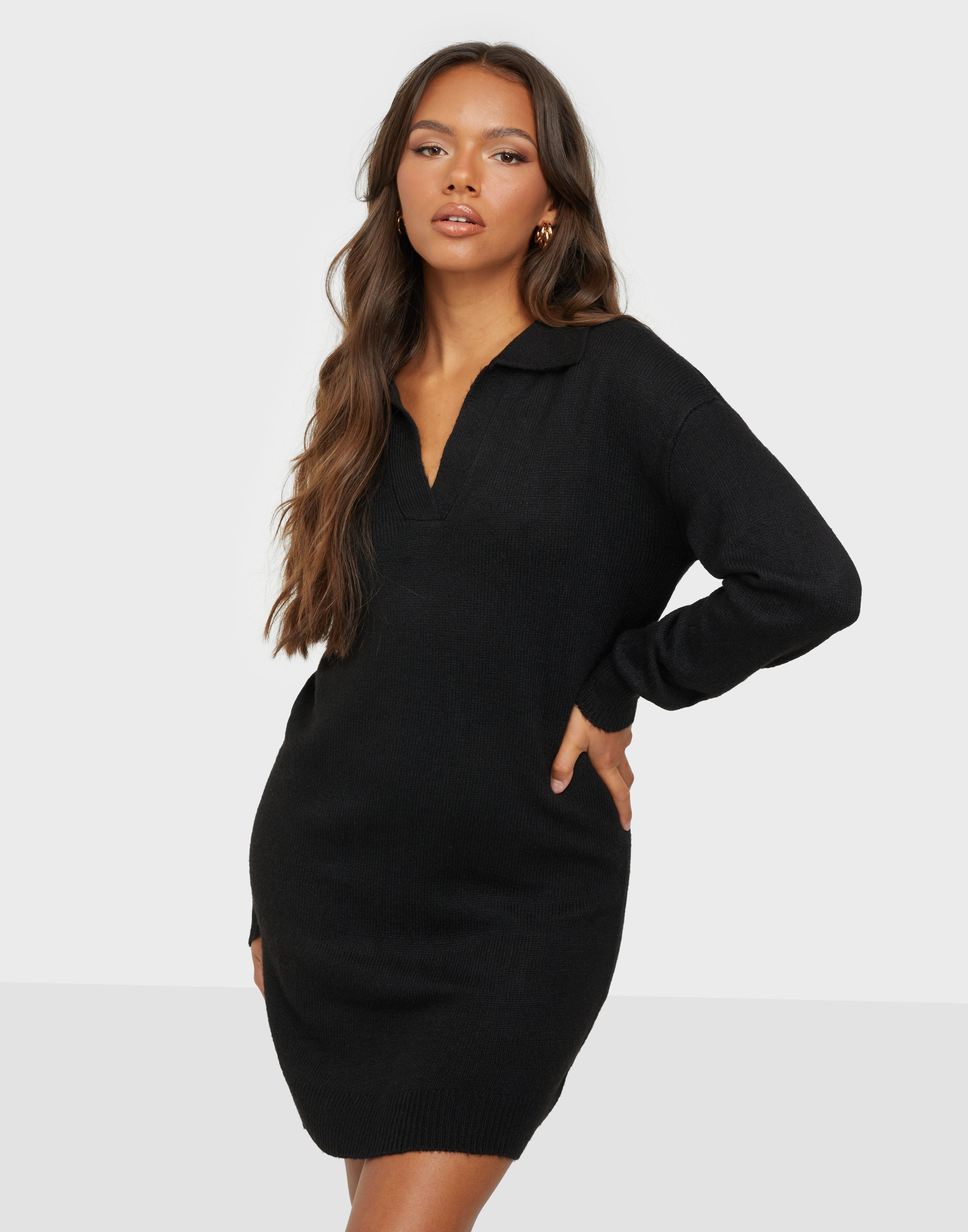 Shop JdY JDYRUE VEGA L/S POLO DRESS KNT - Black - Nelly.com